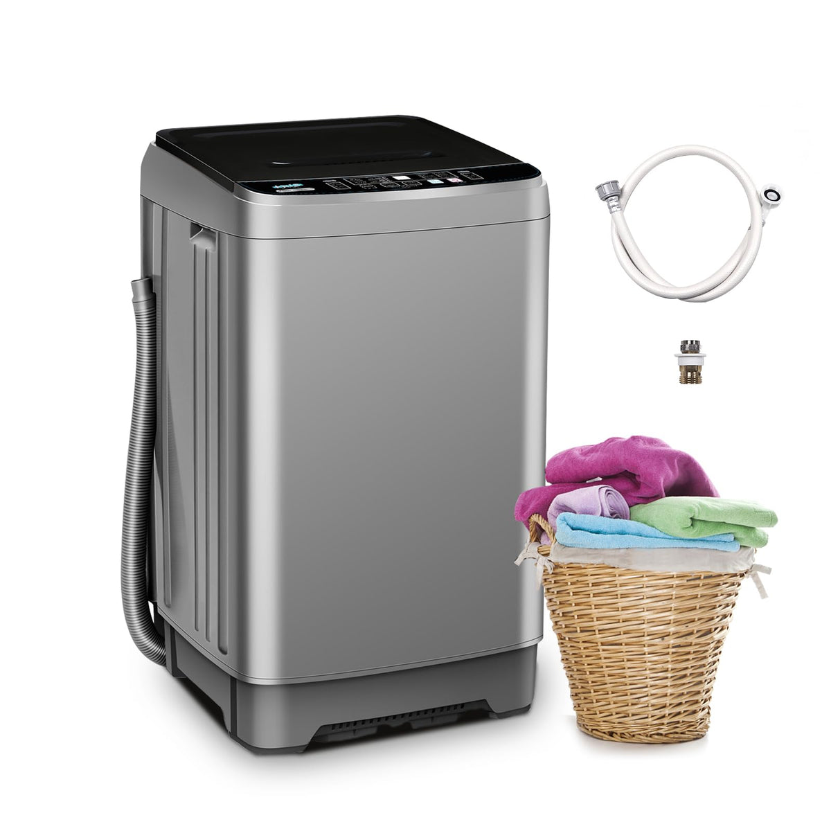 BORCOLO Portable Washing Machine, 17.7lbs Full-Automatic Small Washing Machine for Apartment, 10 Wash Programs with Drain Hose Dorm Size Portable Washer for RV, Home, College, Grey