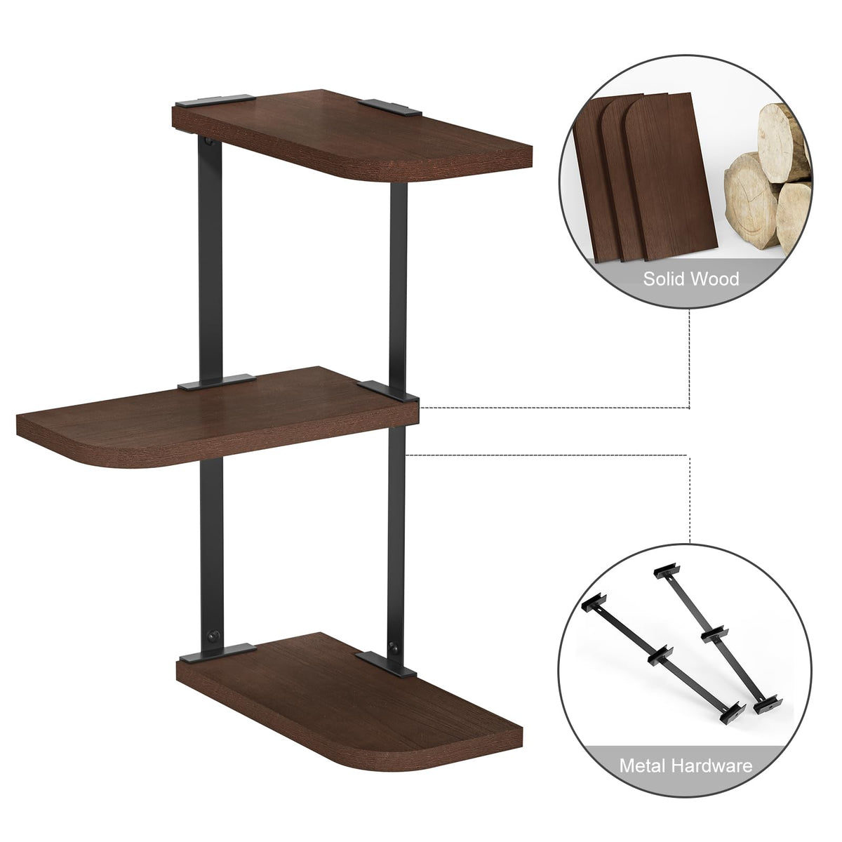Love-KANKEI Corner Shelf Wall Mount of 3 Tier Rustic Wood Floating Shelves for Bedroom Living Room Bathroom Kitchen Office and More Dark Walnut