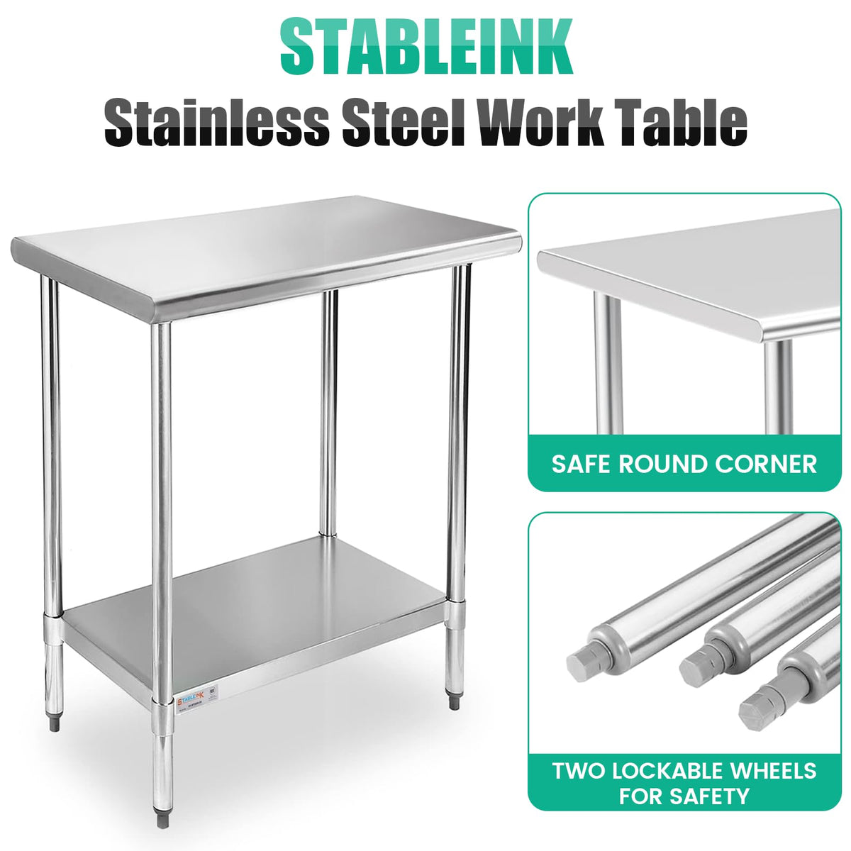 STABLEINK NSF Stainless Steel Small Table 18x30, Metal Prep & Work Table with Adjustable Undershelf, for Commercial Kitchen, Restaurant, Hotel, Bar and Garage