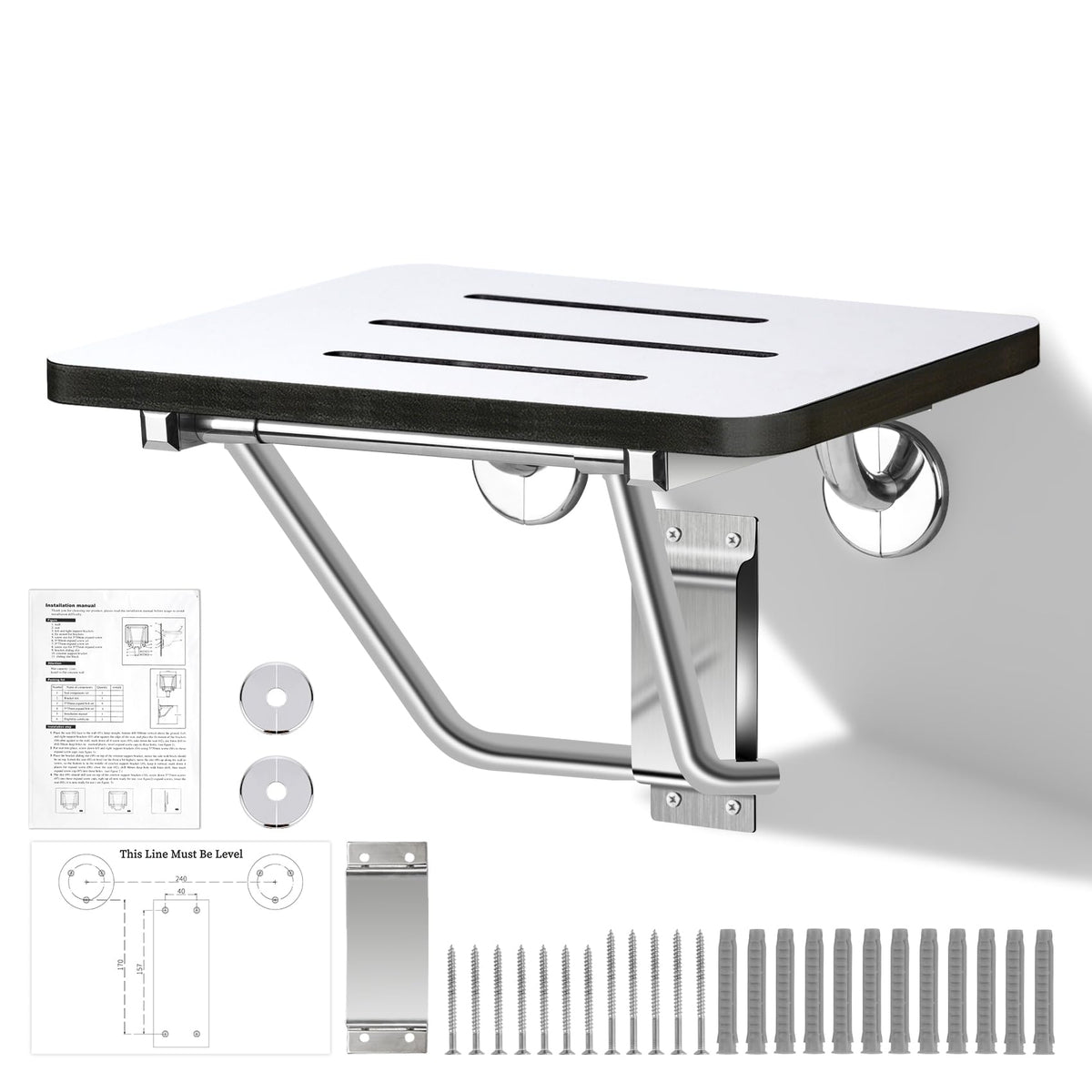 18" Foldable Wall Mounted Fold Down Shower Seat, ADA Compliant Folding Shower Bench with Phenolic Resin Surface No Peeling No Cracking, Triangular Stainless Steel Frame, 420lbs Capacit