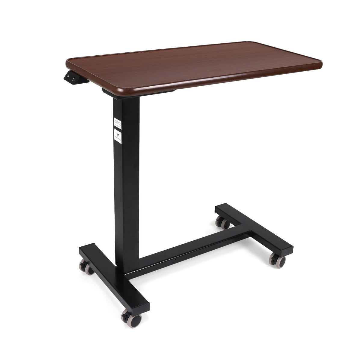 Vaunn Medical Electric Overbed Table Bedside Height Adjustable Table with Wheels (Electric-Powered, Hospital and Home Use) - Brown (Side Control Panel)
