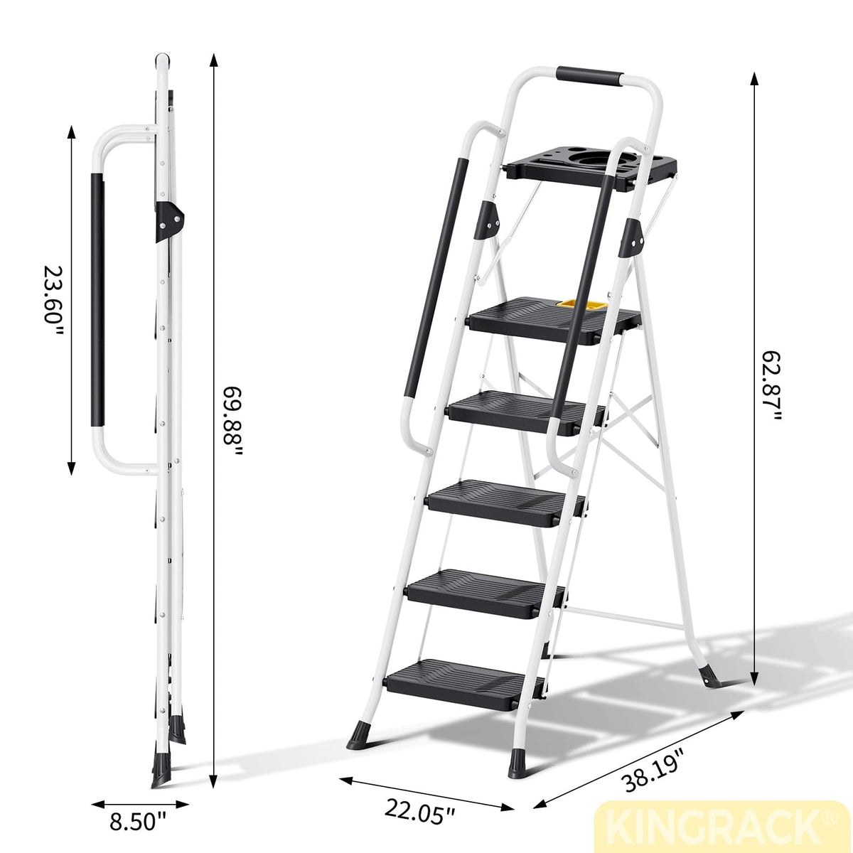 KINGRACK Folding 5-Step Ladder, 800 lbs Capacity Step Stool with Safety Lock, Tool Tray, Non-Skid Wide Steps, Handrail, Household Folding Ladder for Home, Garden, Painting, Outdoor, and Garage, White