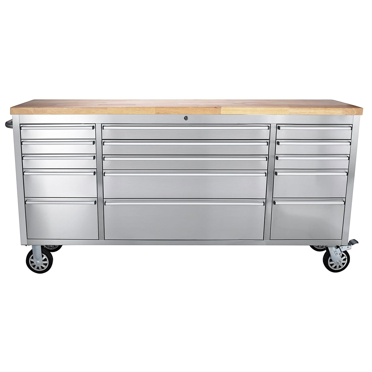 72 Inch Heavy Duty Rolling Tool Chest, Stainless Steel Tool Cabinet with 15 Drawers, Solid Wood Top Workbench, Mobile Toolbox Organizer with Locking Wheels, Power Outlets, for Garage, Workshop, Storag