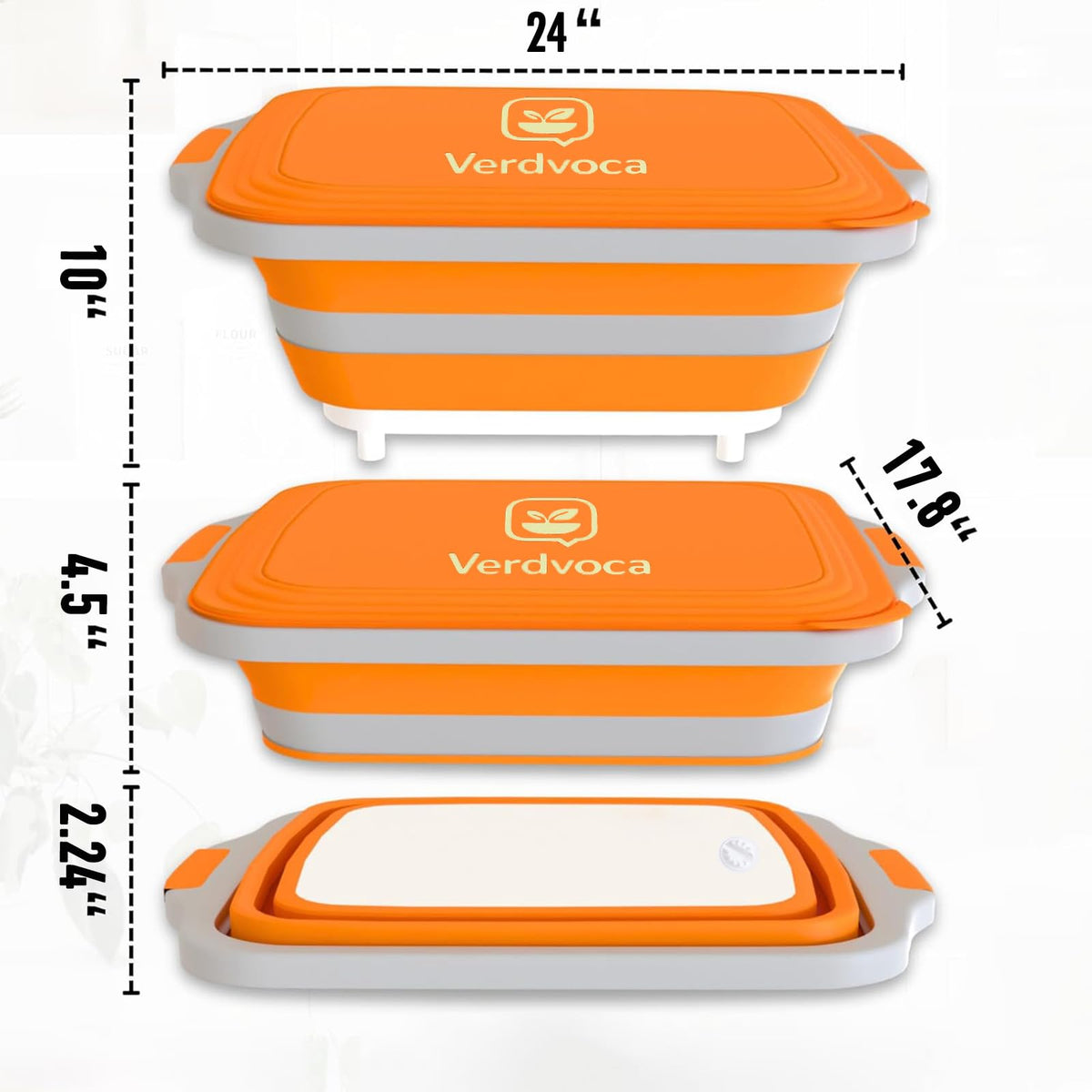 Verdvoca 2Pcs XXL & 1x 16L Collapsible BBQ Prep Tubs/Cutting Board with Lids for Fruit Prep & Washing, Meal Marinating and Food Storage (30L Orange +30L Black+16L Black)