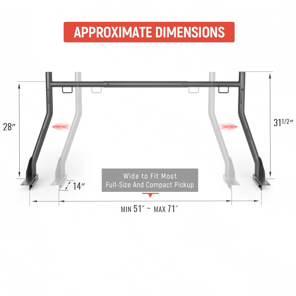 AA-Racks Model X31-J Truck Ladder Rack 800Ibs Capacity with (8) Non-Drilling Z-Clamps Extendable Steel Pick-Up Truck Bed Ladder Rack Two-bar Set - Black