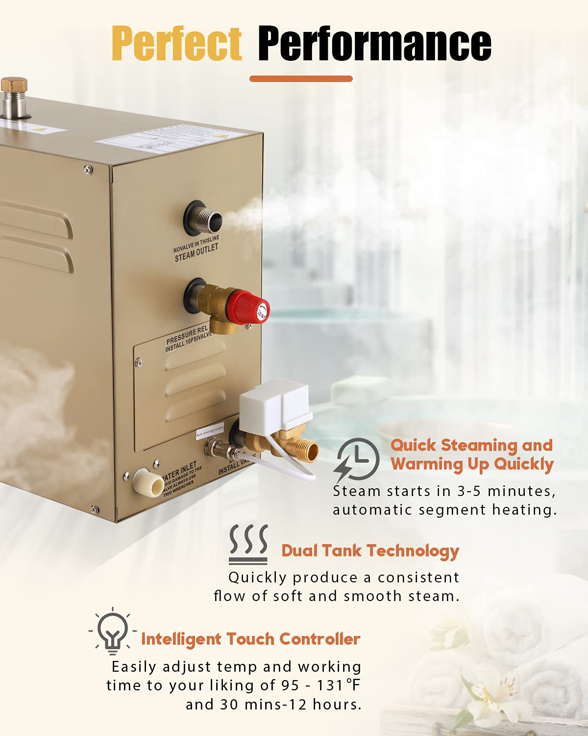 CGOLDENWALL 6KW Commercial Self-Draining Steam Generator Shower System Home Steam Bath Spa Generator 30 min to 12 Hours with Auto Drain 95-131℉ for Suitable Space Heating 6 m³/212 Cubic feet (6KW)