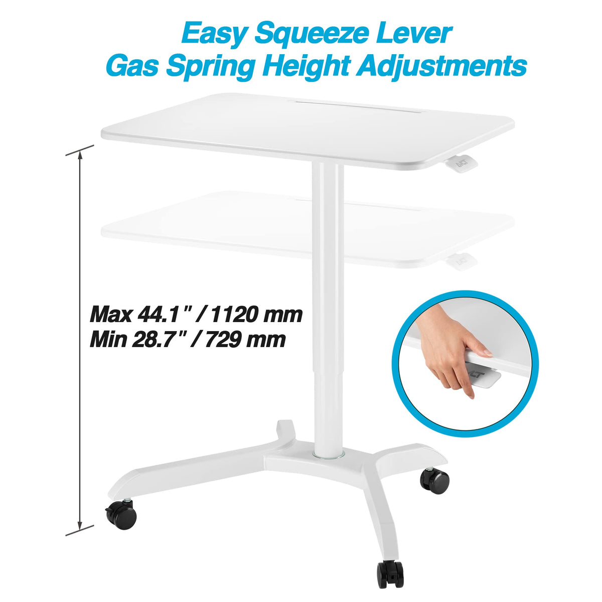 AVLT 44-inch Ambidextrous Pneumatic Laptop Standing Desk Cart (3 ft 8 in), Mobile Rolling Desk with Adjustable Height, Folding Computer & Projector Cart, White Cart with Brakes