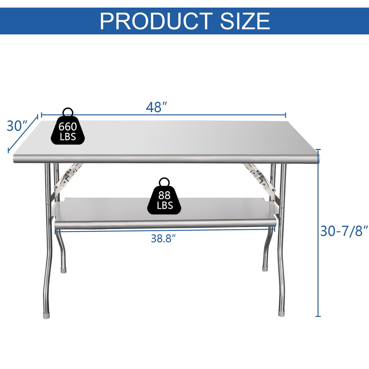 HARDURA Folding Stainless Steel Table 30X48 Inches with Adjustable Undershelf and Legs NSF Commercial Portable Folding Prep Table for Restaurant Kitchen Home and Hotel