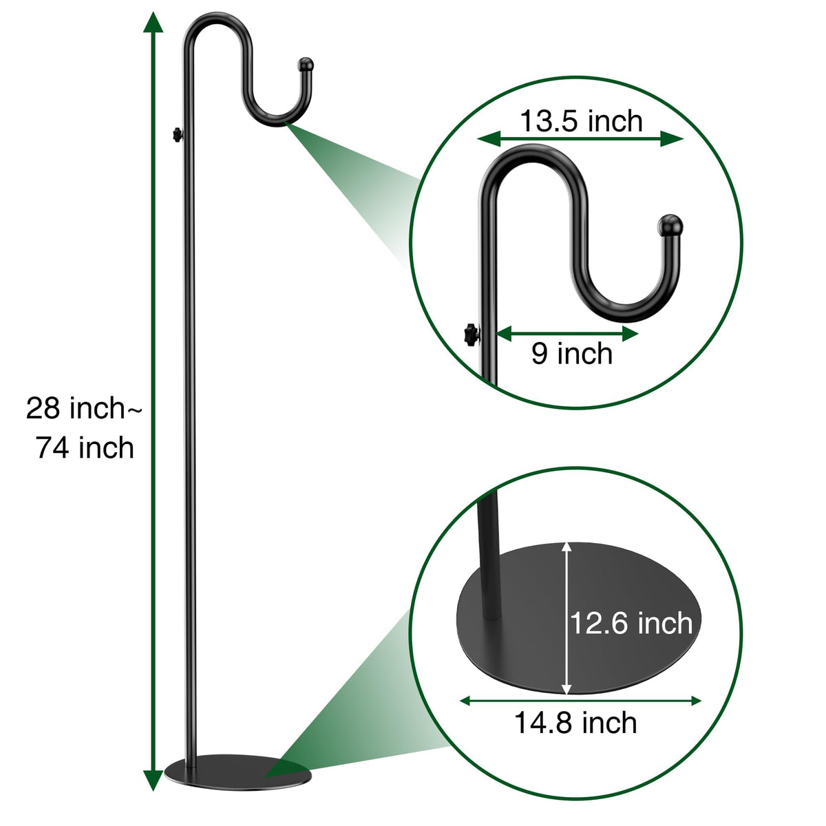 74" Shepherds Hook Stand for Plant: Hanging Bird Feeders, Plants, Lanterns, Wreath and Wind Chimes, Adjustable Free Standing Pole Holder with Heavy Duty Base for Indoor & Outdoor, Holds Up to 20 LBS