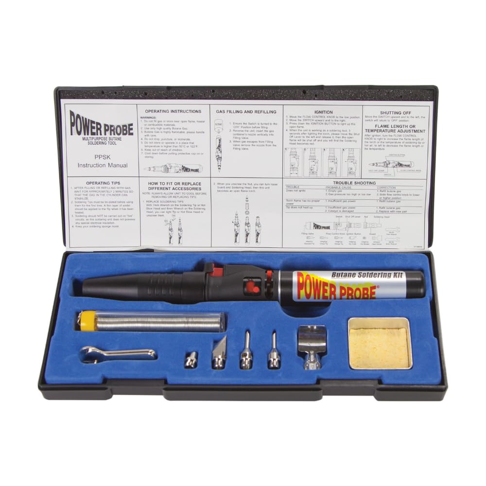 POWER PROBE Butane Soldering Kit (PPSK) [Automotive Diagnostic Car Test Tool, Easy Start Electronic Ignition, Adjustable Flame, with Multiple Tips, Black