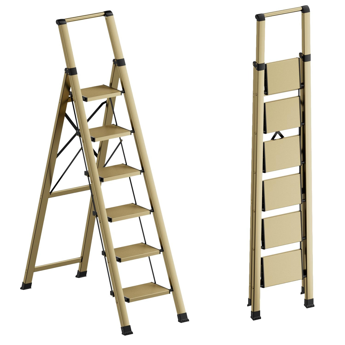 GameGem 6 Step Ladder for 12 Feet High Ceiling, Lightweight Aluminum Folding Step Stool with Convenient Handgrip, Stepladders with Anti-Slip and Wide Pedal for Home Use Space Saving - Gold