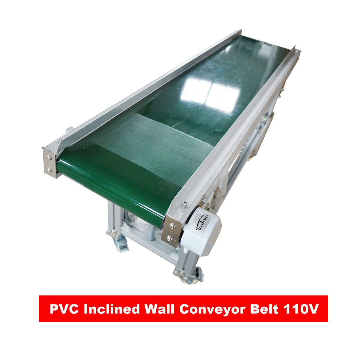 BREVELTION 59inch 110V PVC Inclined Wall Conveyor Belt Double Baffle Green PVC Belt Height Adjustable 15.7inch Wide 120W