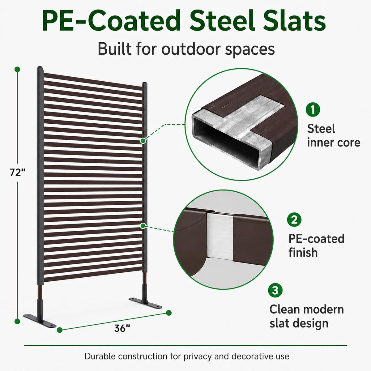 Metal Outdoor Privacy Screen Freestanding, 3 ft W x 6 ft H Rustproof Steel Pipes and Slats Panels, Decoative Privacy Screen Fence Panels Freestanding for Outside Patio Garden Backyard, Brown
