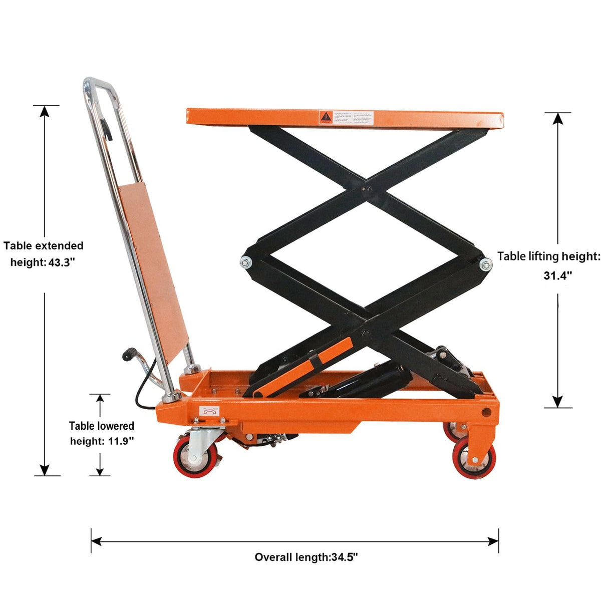 Tory Carrier Double Scissor Lift Table, 330 Lbs Capacity, Hydraulic Lift Cart 43.3" Lifting Height, Manual Scissor Lift Table W/4 Wheels, Foot Pump, Elevating Hydraulic Cart