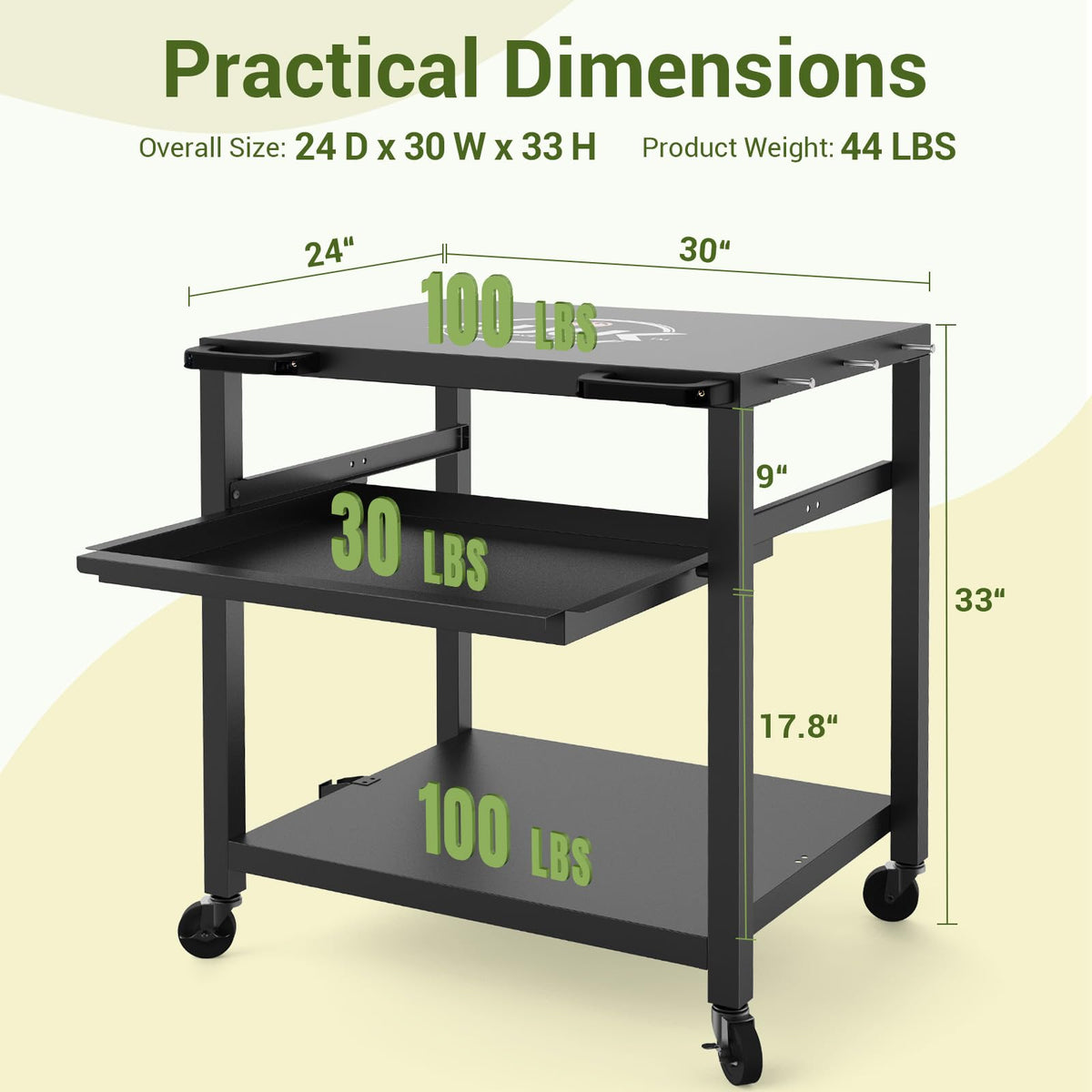 NUUK Outdoor Grill Prep Table 24"x30" Metal Grill Cart Outside 3-Layer Pizza Oven Table Movable with Universal Wheels for BBQ Backyard Patio