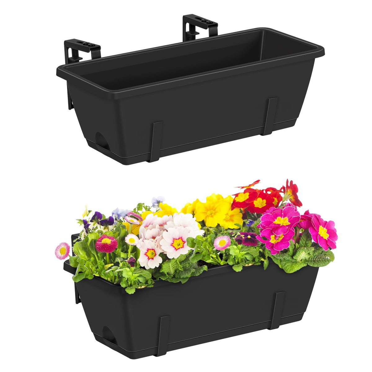 CADUKE Railing Planter Boxes 2 Pack 17 Inch Window Boxes Black Rectangle Railing Flower Box with Adjustable Bracket Window Deck Hanging Planters Boxes for Outdoor Patio