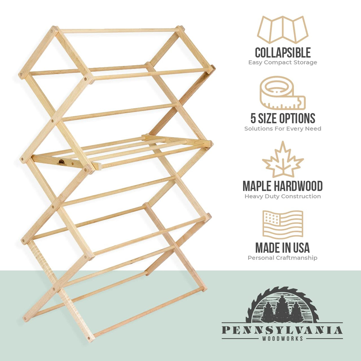 Pennsylvania Woodworks Clothes Drying Rack: Solid Maple Hard Wood Laundry Rack for Blankets, Towels, Bedding & More, Heavy Duty Folding Drying Rack, Made in USA, No Assembly Needed, XXLarge
