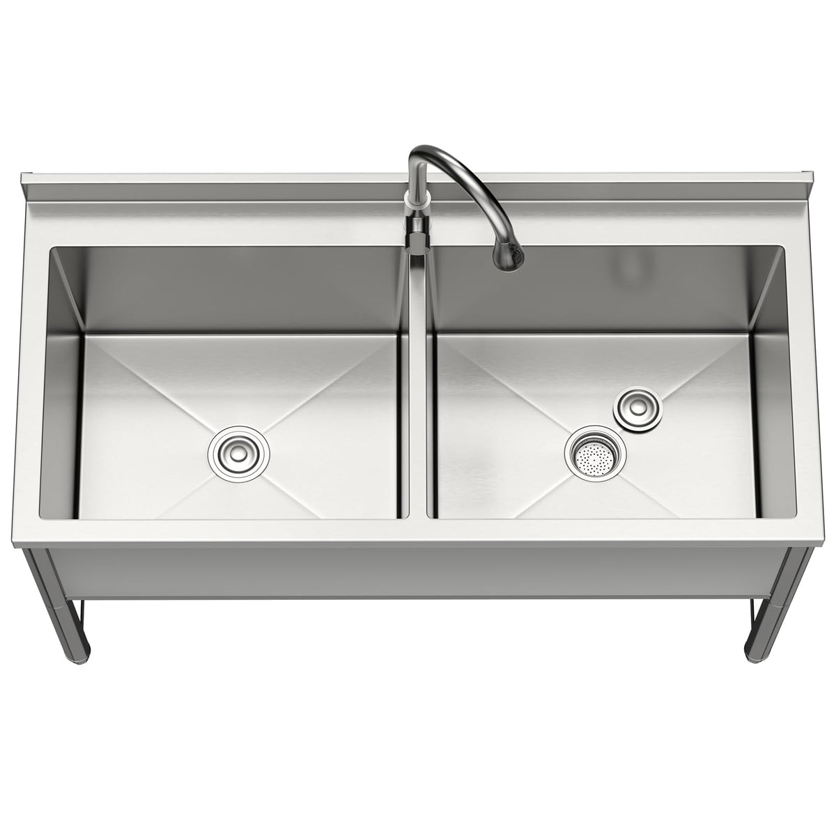 47" Stainless Steel Commercial Sink 2 Bowl Freestanding Kitchen Sink with Pull-out Faucet, Large Utility Sink for Kitchen, Dishwashing, Thawing, Laundry Room, Garage, Outdoor, Total Capacity 50 Gallon