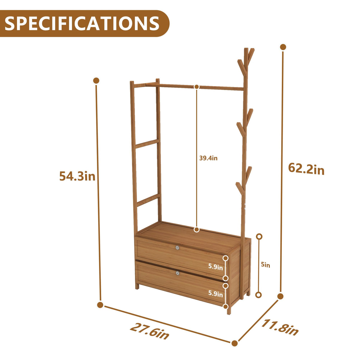 BambooCrafts Upgraded Hanging Rack Clothing Rack with Drawers,Solid Thickened Clothes Racks with Shelves,27.6inch Width Closet with Drawers,Clothes Racks for Hanging Clothes,Short Closet Dresser