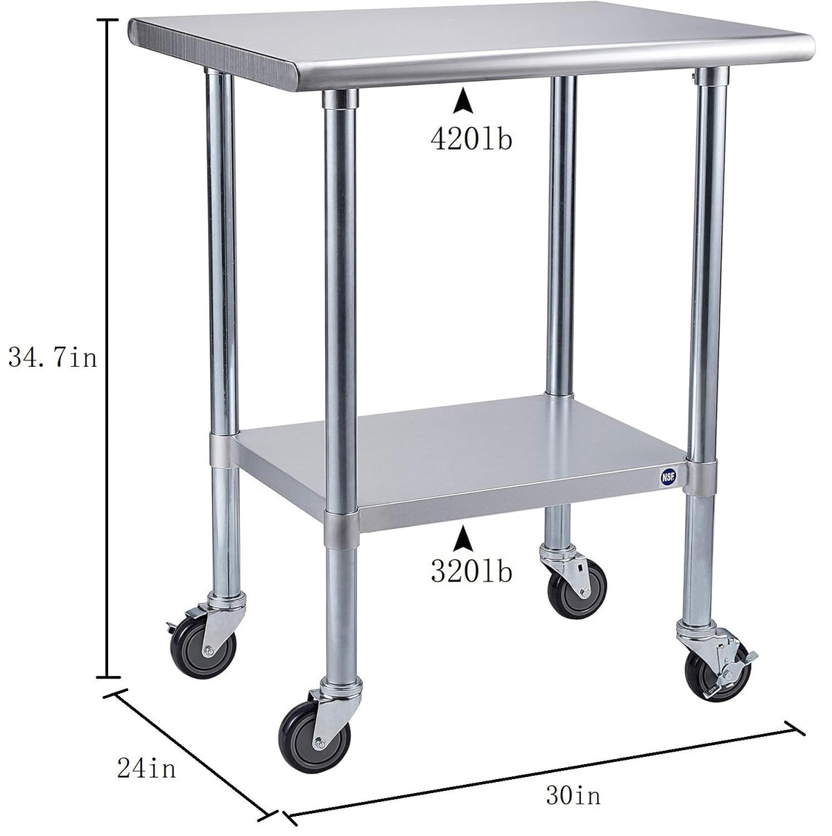 ROCKPOINT Stainless Steel Table for Prep & Work with Caster Wheels 24x30 Inches, NSF Metal Commercial Kitchen Heavy Duty Table with Adjustable Under Shelf and Table Foot for Restaurant, Home and Hotel