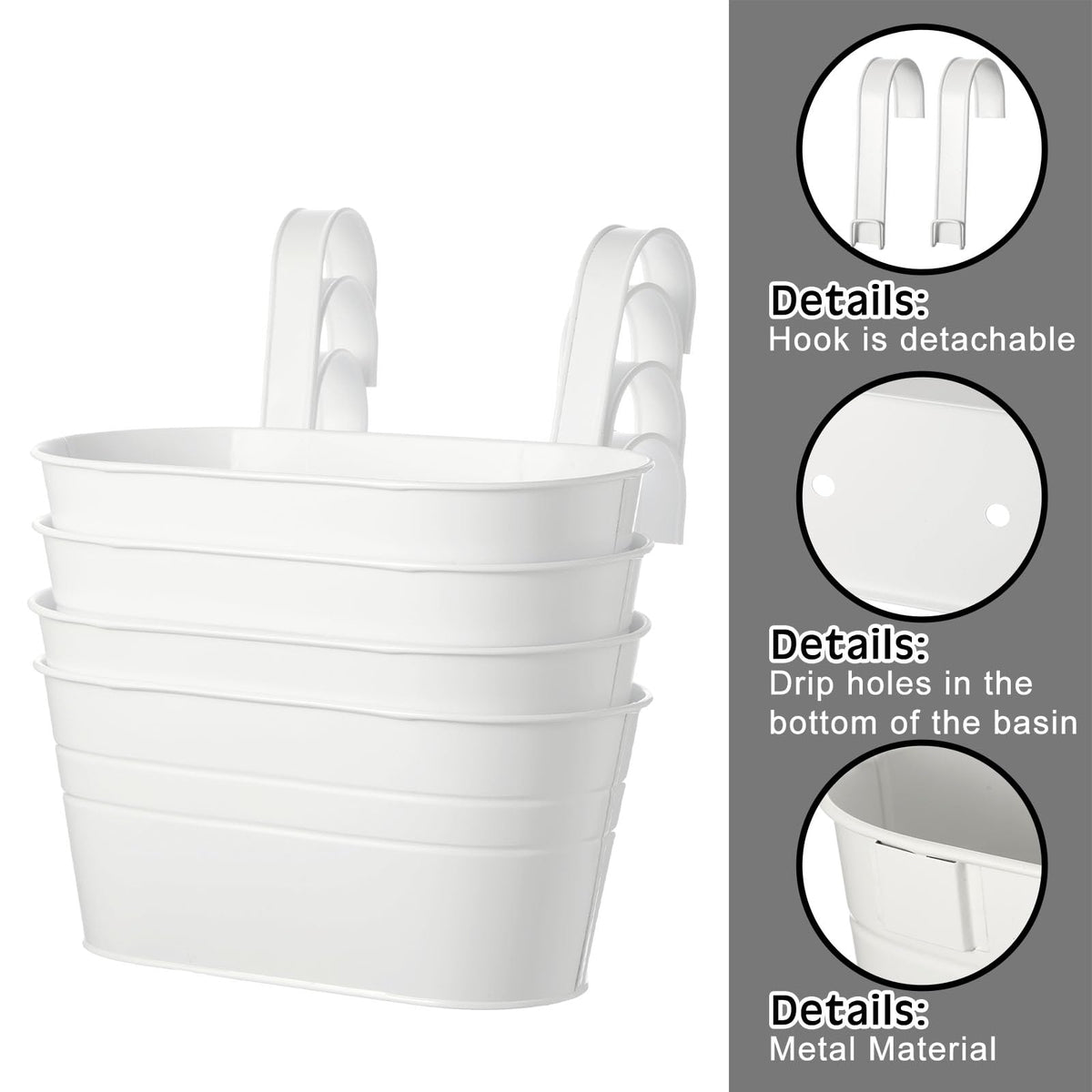 Hicarer 4 Pcs Metal Hanging Flower Pots for Railing Fence, 10.6 Inch Hanging Rail Planters for Outdoor Window Balcony Plants Holder with Hooks for Garden Yard Home Decor (White)