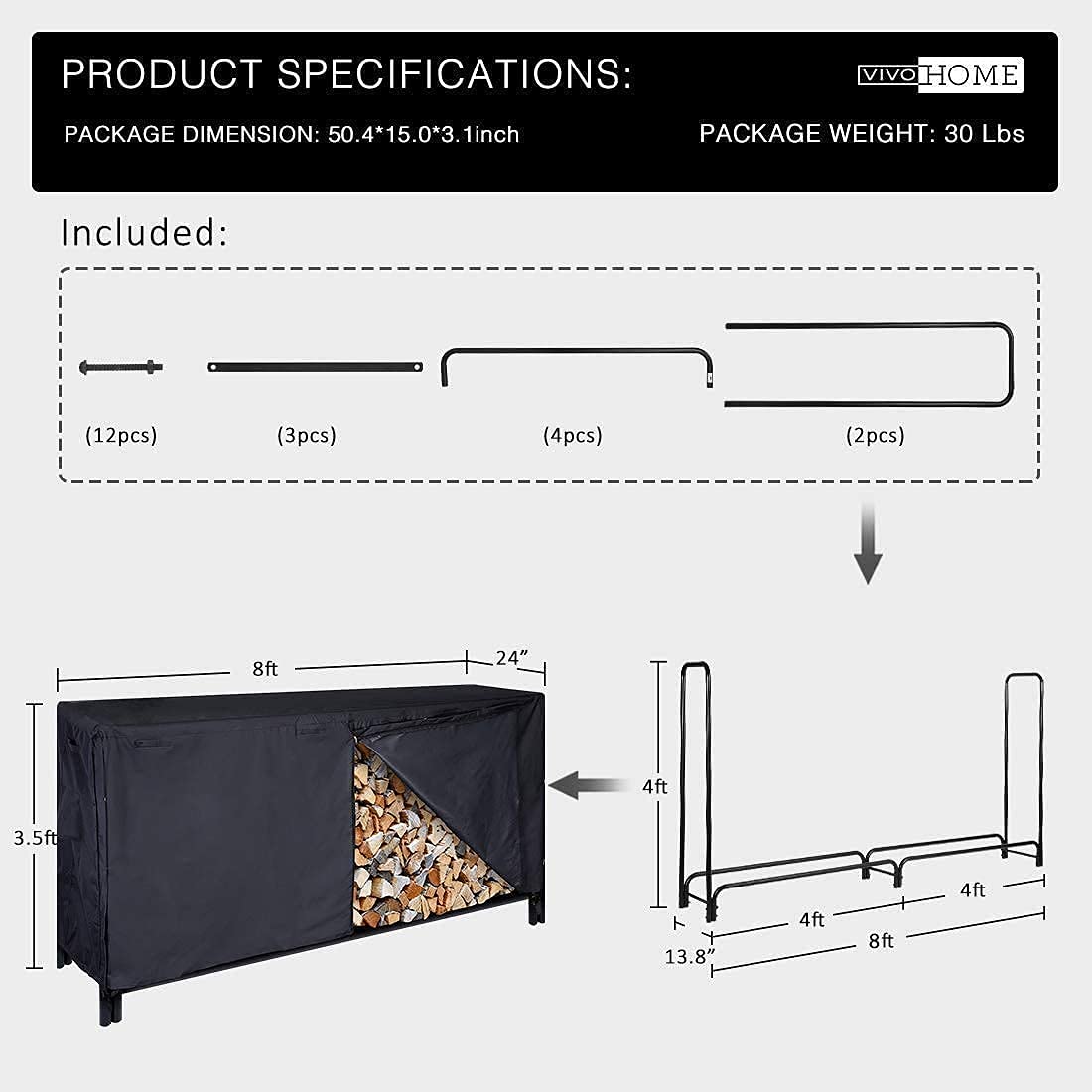 VIVOHOME 8ft Heavy Duty Indoor Outdoor Firewood Storage Log Rack with Cover Combo, Black, 1.2mm Steel Tube