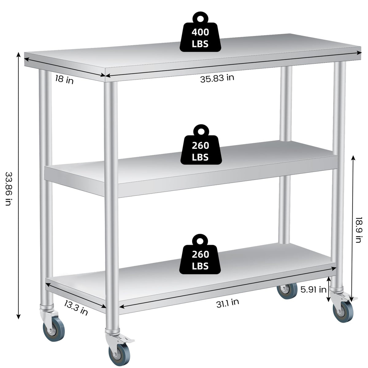 ExploreHorizon Stainless Steel Work Table with Wheels, 3-Shelf Commercial Food Prep Table 18x36x34 Inch, Rust-Resistant Metal Utility Table for Kitchen, Restaurant, Garage, Warehouse, Indoor, Outdoor