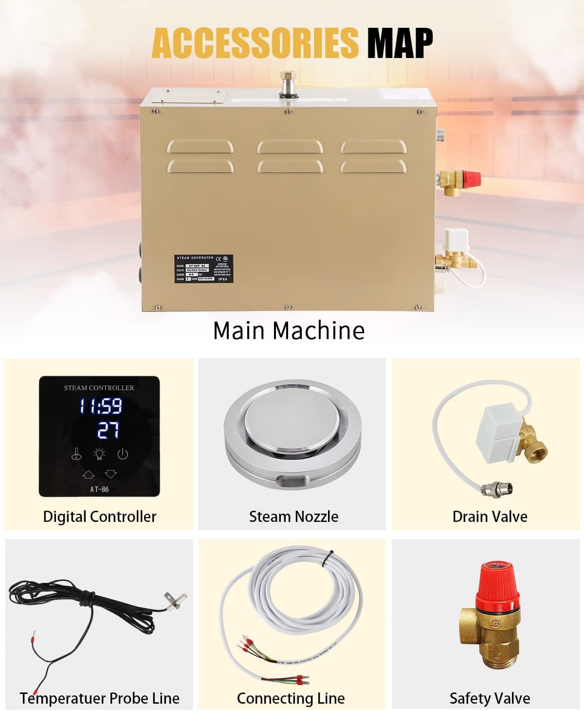 CGOLDENWALL 6KW Commercial Self-Draining Steam Generator Shower System Home Steam Bath Spa Generator 30 min to 12 Hours with Auto Drain 95-131℉ for Suitable Space Heating 6 m³/212 Cubic feet (6KW)