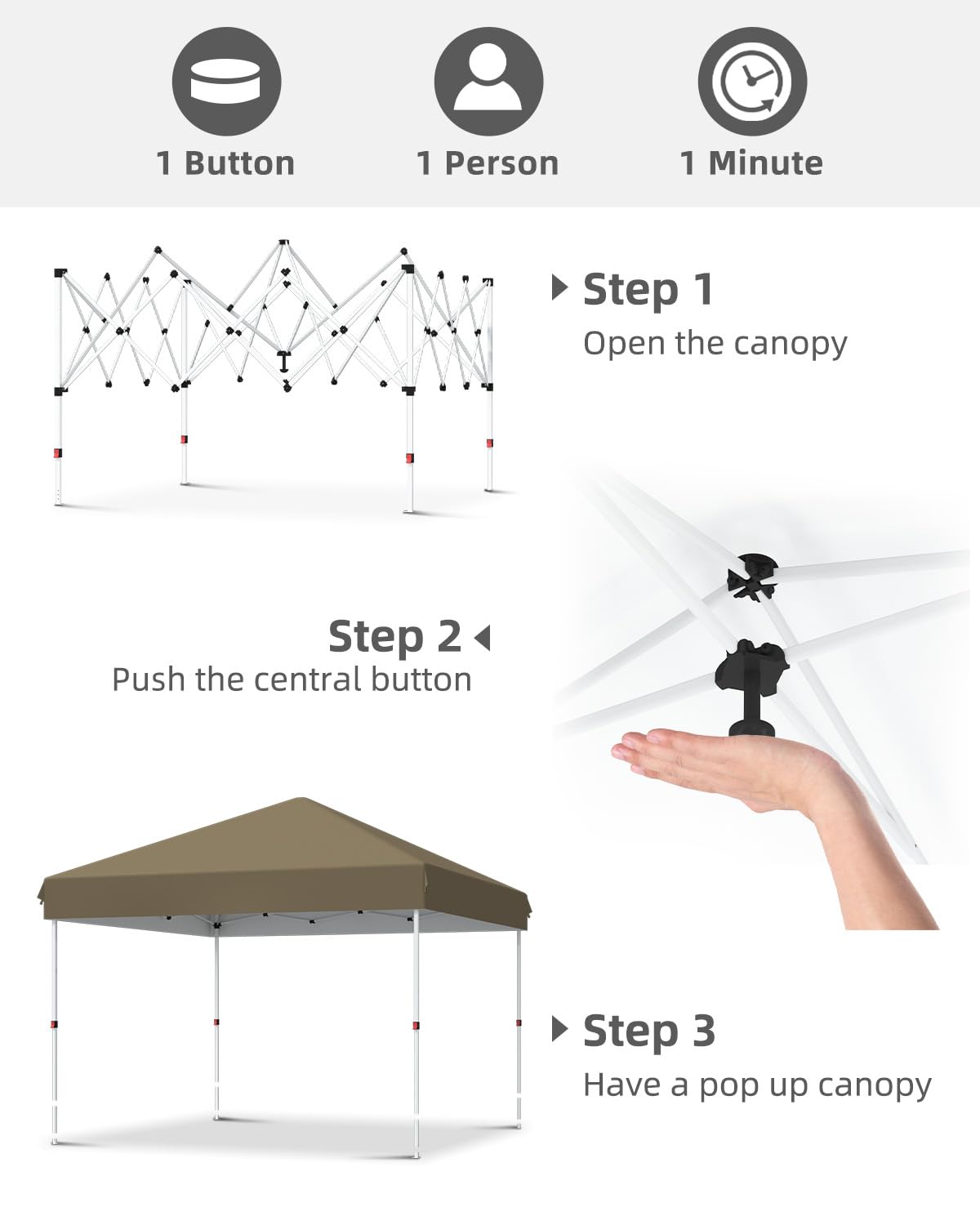 GarveeLife 10x10 Pop Up Canopy with One Button Push Setup - Heavy Duty Outdoor Canopy Tent with Portable Roller Bag - 3 Adjustable Height, 4 Weight Bags, 8 Stakes & 4 Guy Ropes Included, Khaki