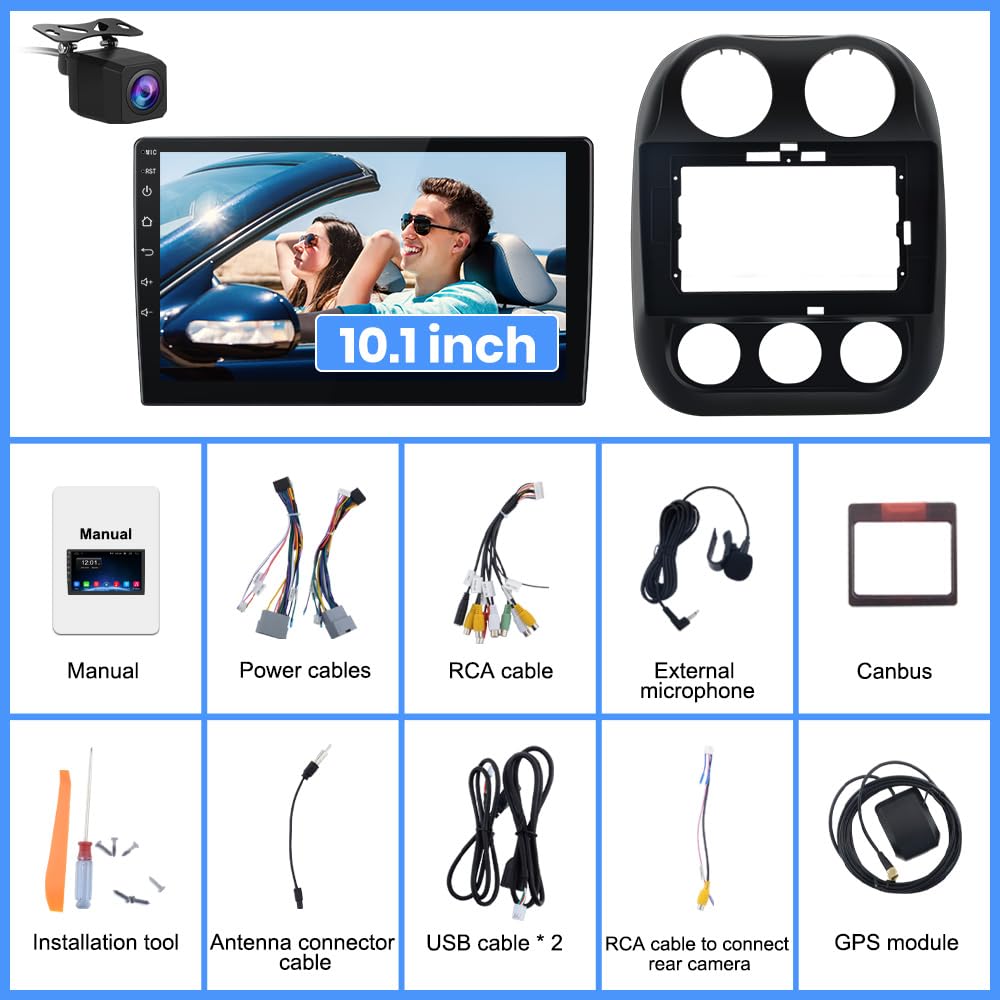 Car Radio for Jeep Compass Patriot 2010–2016, 10.1" Touchscreen Android 13 Stereo Quad-Core | 2GB RAM 64GB ROM | Wireless CarPlay Android Auto | Backup Camera, WiFi, FM AM, Steering Wheel Control