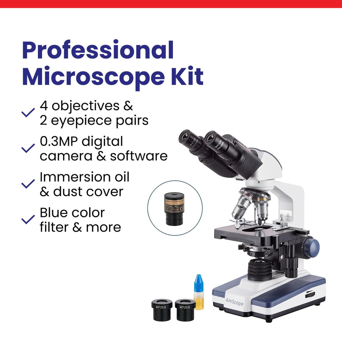 AmScope B120 Series Student & Professional LED Binocular Compound Microscope - 40X-2500X Magnification - Includes 0.3MP USB 2.0 Camera & Siedentopf Head