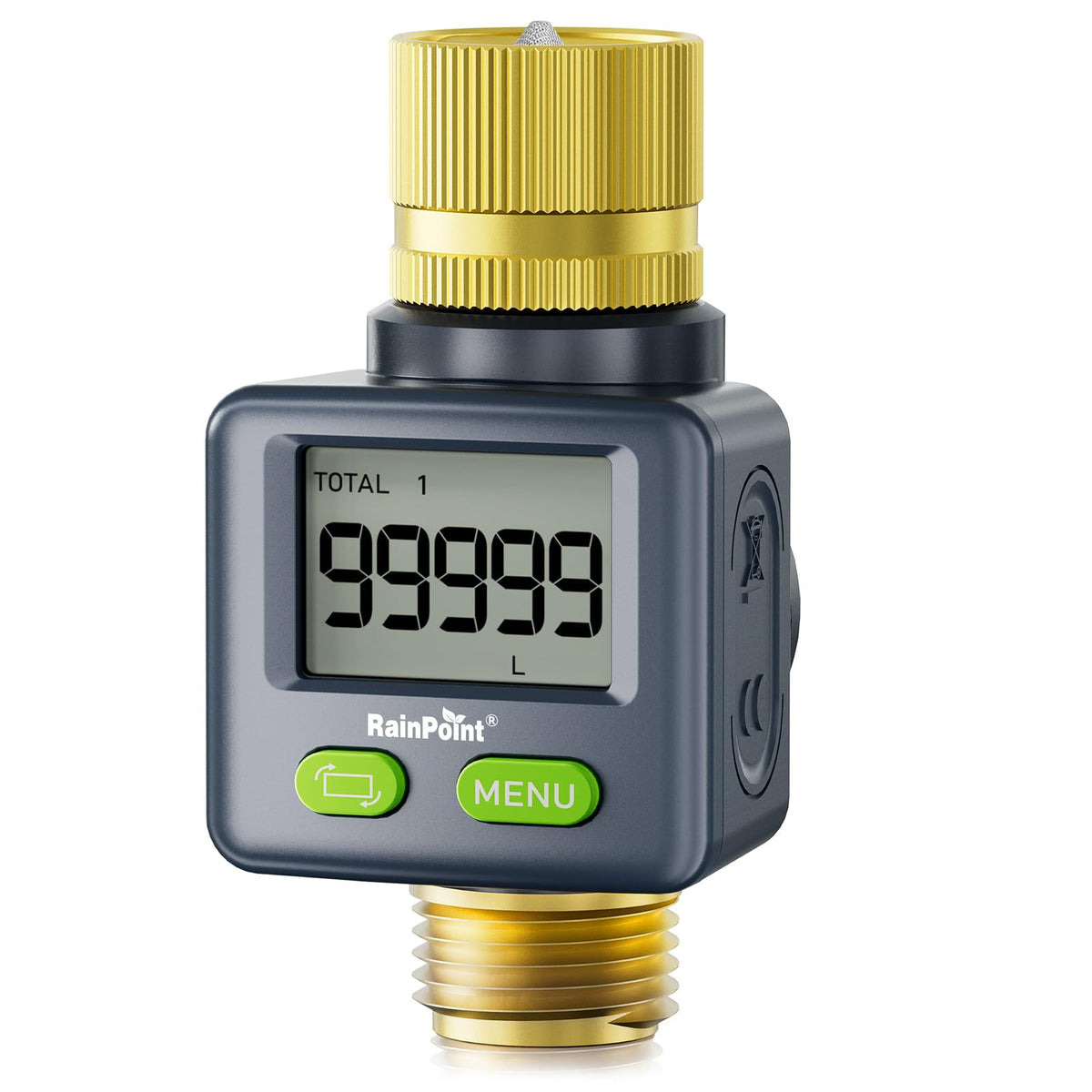 RAINPOINT Water Flow Meter with Brass Inlet & Outlet, 180° Screen-Flip Water Meter, Measure Gallon/Liter Consumption for RV Filling, Garden Watering, Sprinkler and Hoze Nozzle
