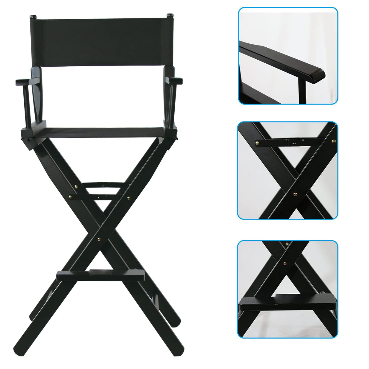 JXUFDHO Tall Directors Chair Foldable 46'', Makeup Chair Black for Makeup Artist, 250lbs Capacity Solid Hardwood,Black