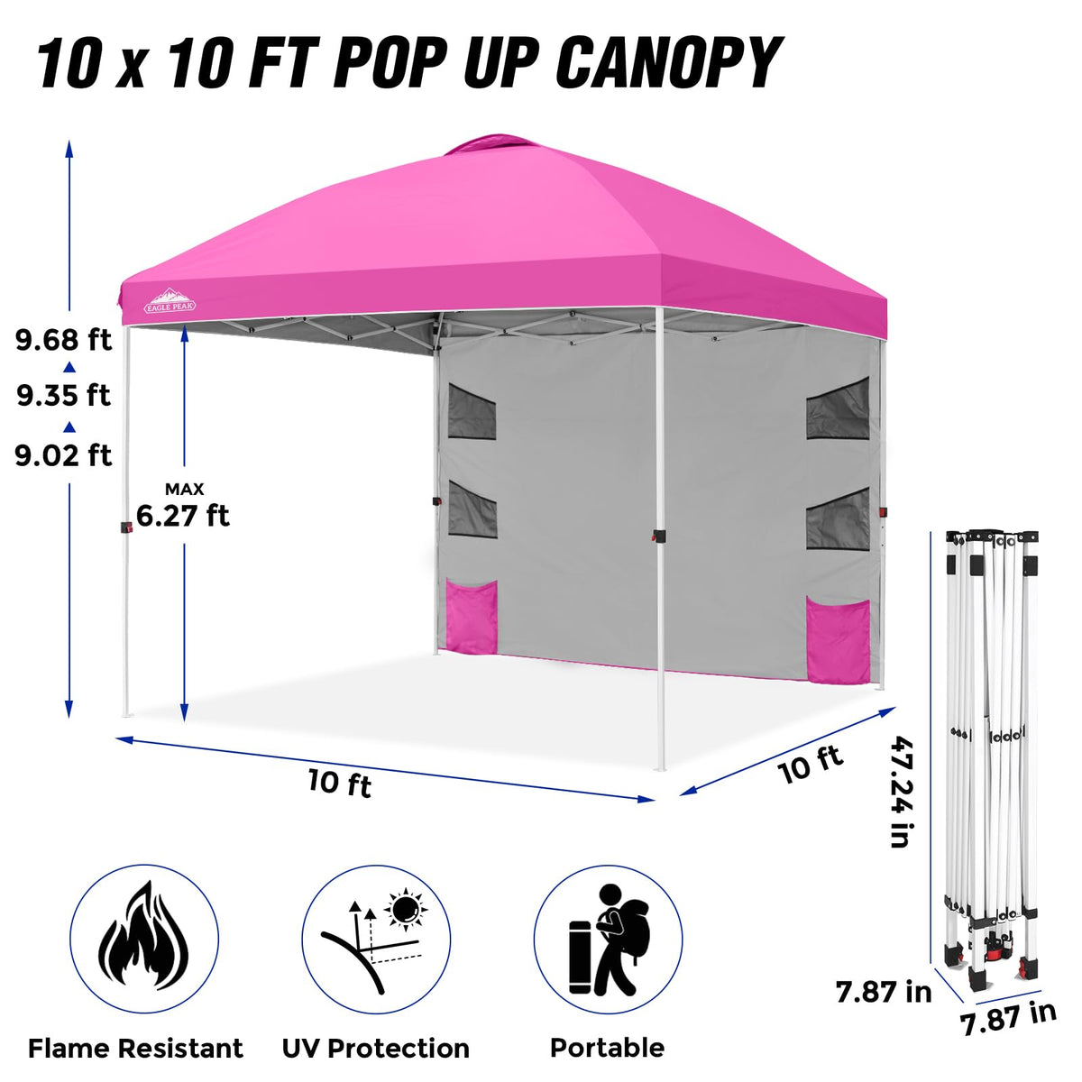 EAGLE PEAK Commercial Canopy 10x10 with Sidewall Storage, Easy OnePerson Setup Pop Up Canopy Tent with Roller Bag, Stakes, Ropes, and Weight Bags, Pink