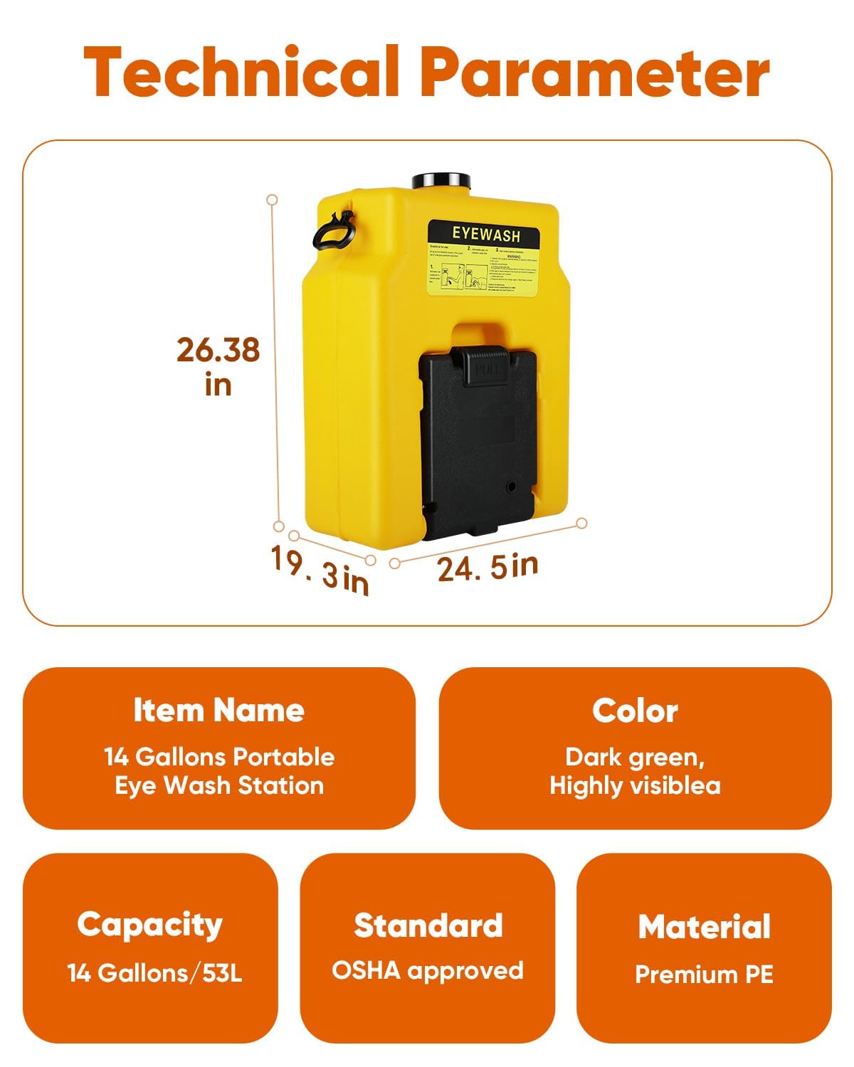 14 Gallon Portable Eyewash Station, OSHA Approved Eye Wash Station for Wall Not Plumbed, Gravity Fed Emergency Eyewash Station with 15 Minute Flush, Eye Wash Station for Construction Site Lab Garage