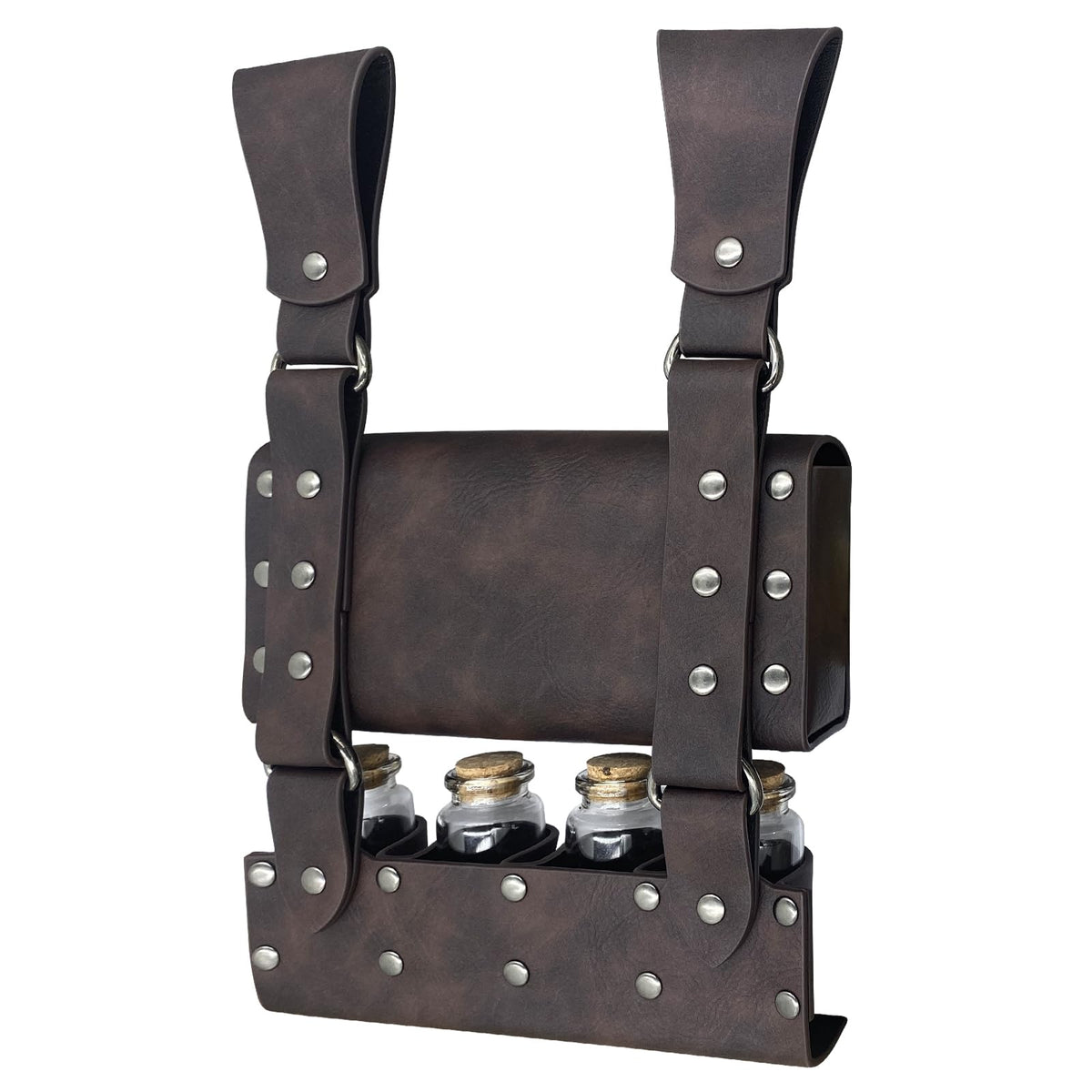 HiiFeuer Medieval Alchemy Faux Leather Belt Bag with 4 Cork Potion Vials, Fantasy Wizard Waist Pouch Side Pack for Ren Faire (Brown A)