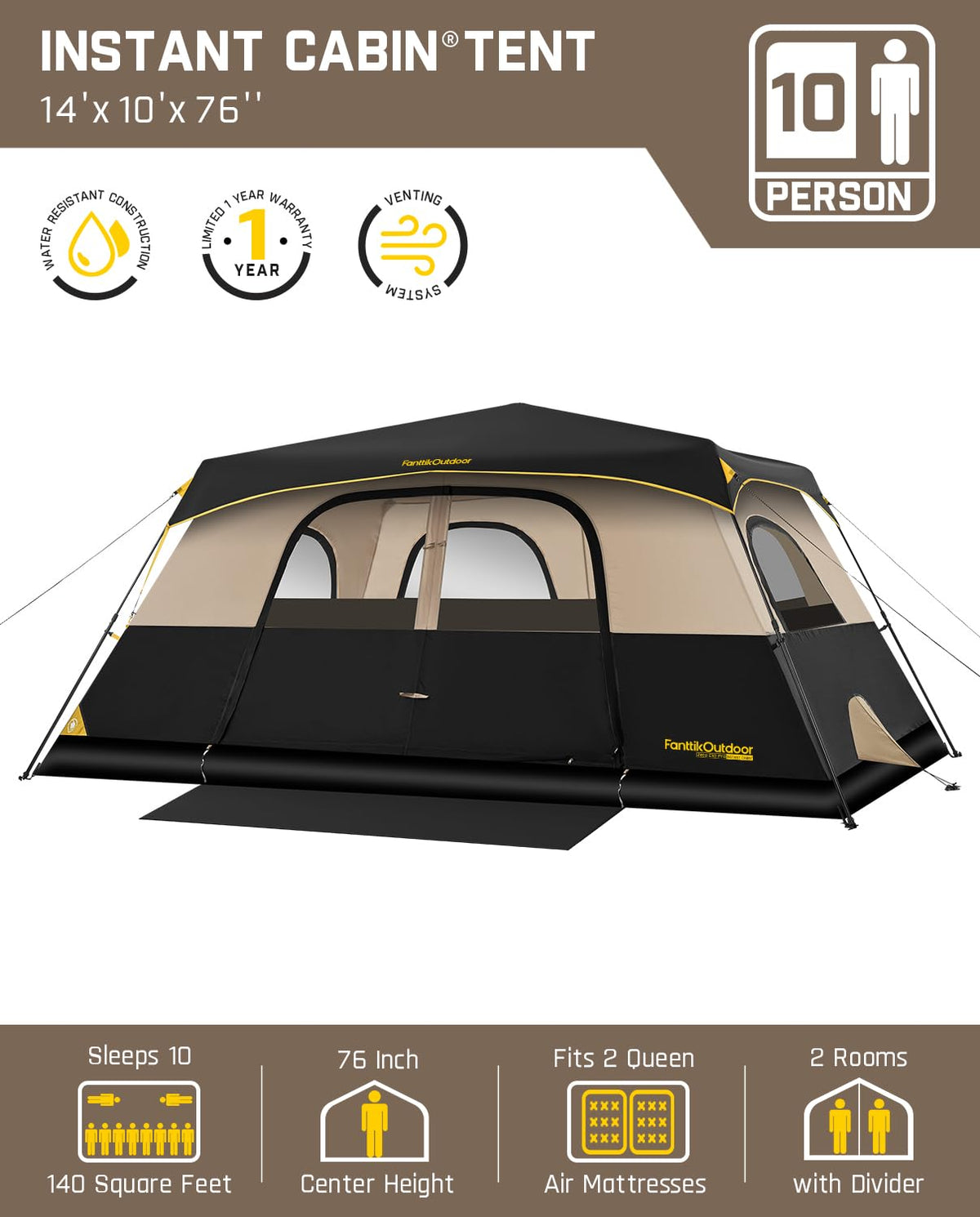 FanttikOutdoor Zeta C10 Pro Camping Tent 10 Person Instant Cabin Tent Setup in 60 Seconds with Rainfly & Windproof Portable with Carry Bag for Family Camping & Hiking, Khaki