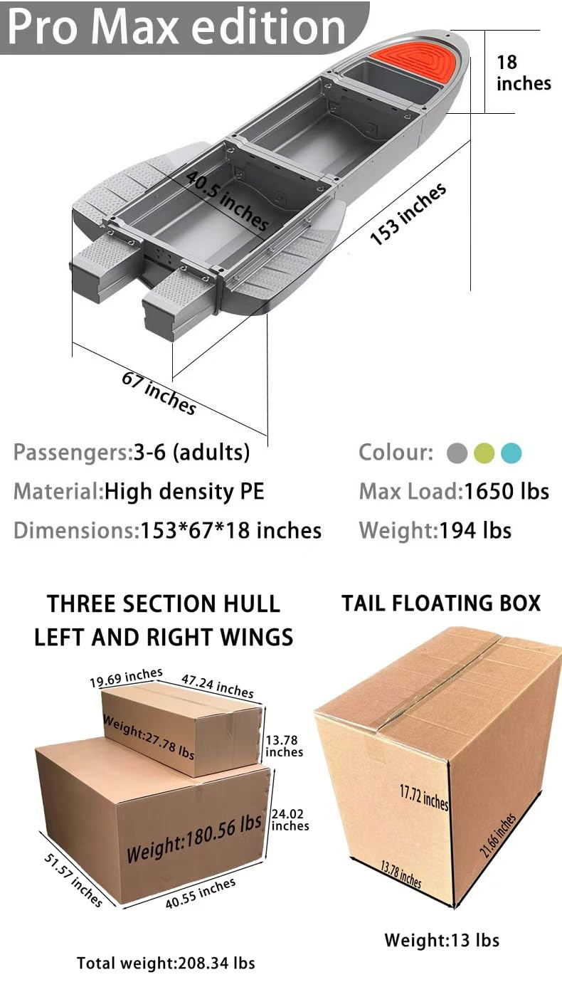 Fishing Boat，Modular Folding Pontoon Boat, Motor-Ready，Up to 1300lbs Buoyancy Suitable for 2-6，Easy Transport，Great for Hunting/Fishing/Rescuing/Touring/Grey
