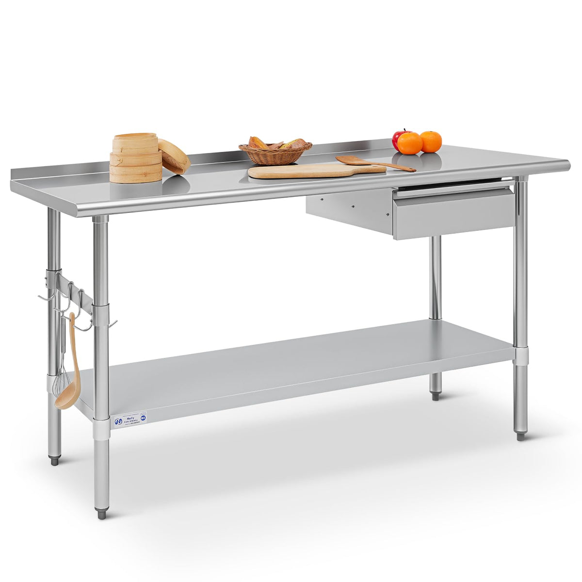 Hally Stainless Steel Prep Table 24 x 60 Inch with Backsplash, NSF Certified Commercial Work Table with Drawer, Removable Stainless Steel Pan, Undershelf and Side Hook for Restaurant, Home, Garage