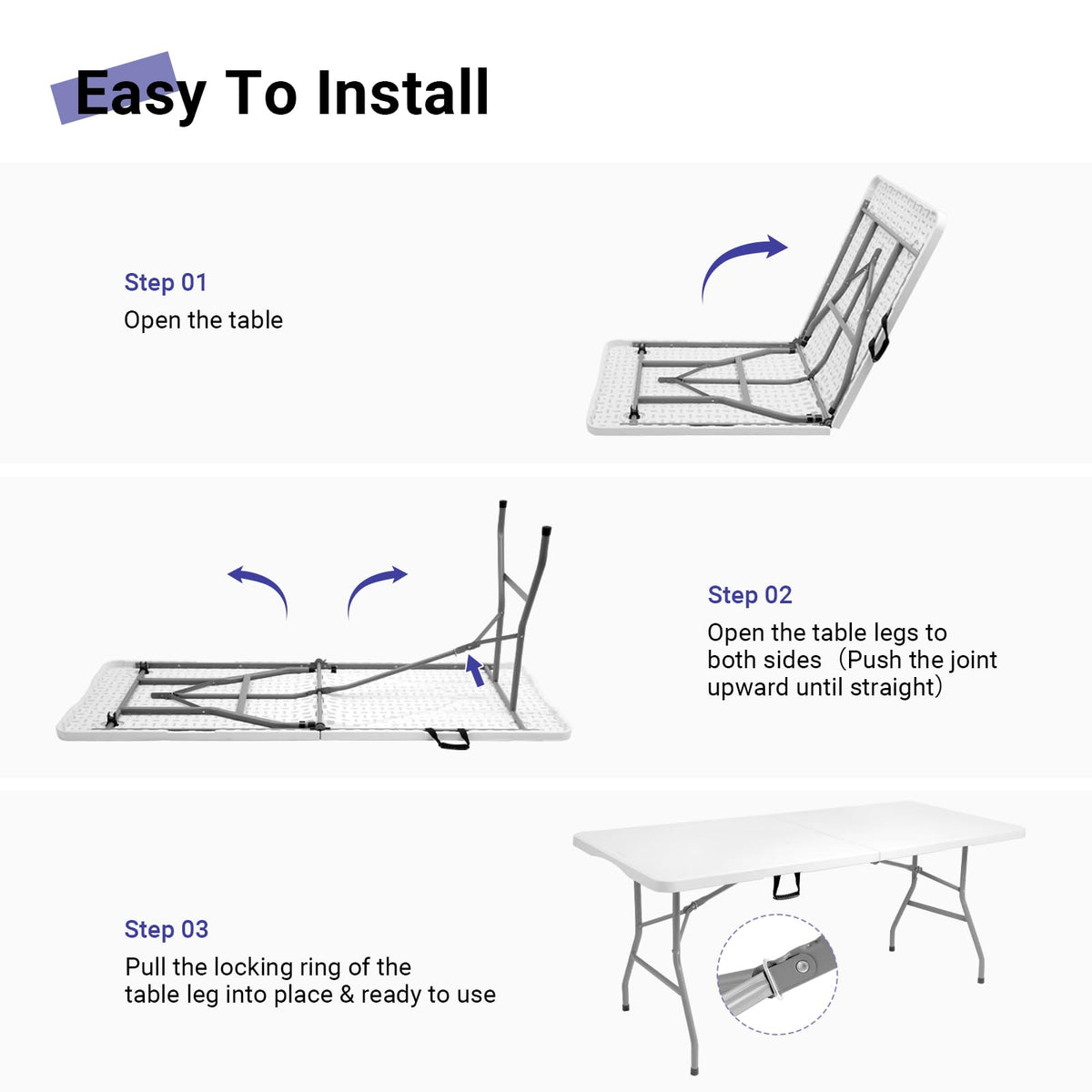 Byliable Folding Table 6ft, Heavy Duty Portable Plastic Fold-in-Half Utility Table with Carrying Handle for Indoor Outdoor, Camping Picnic Party, White