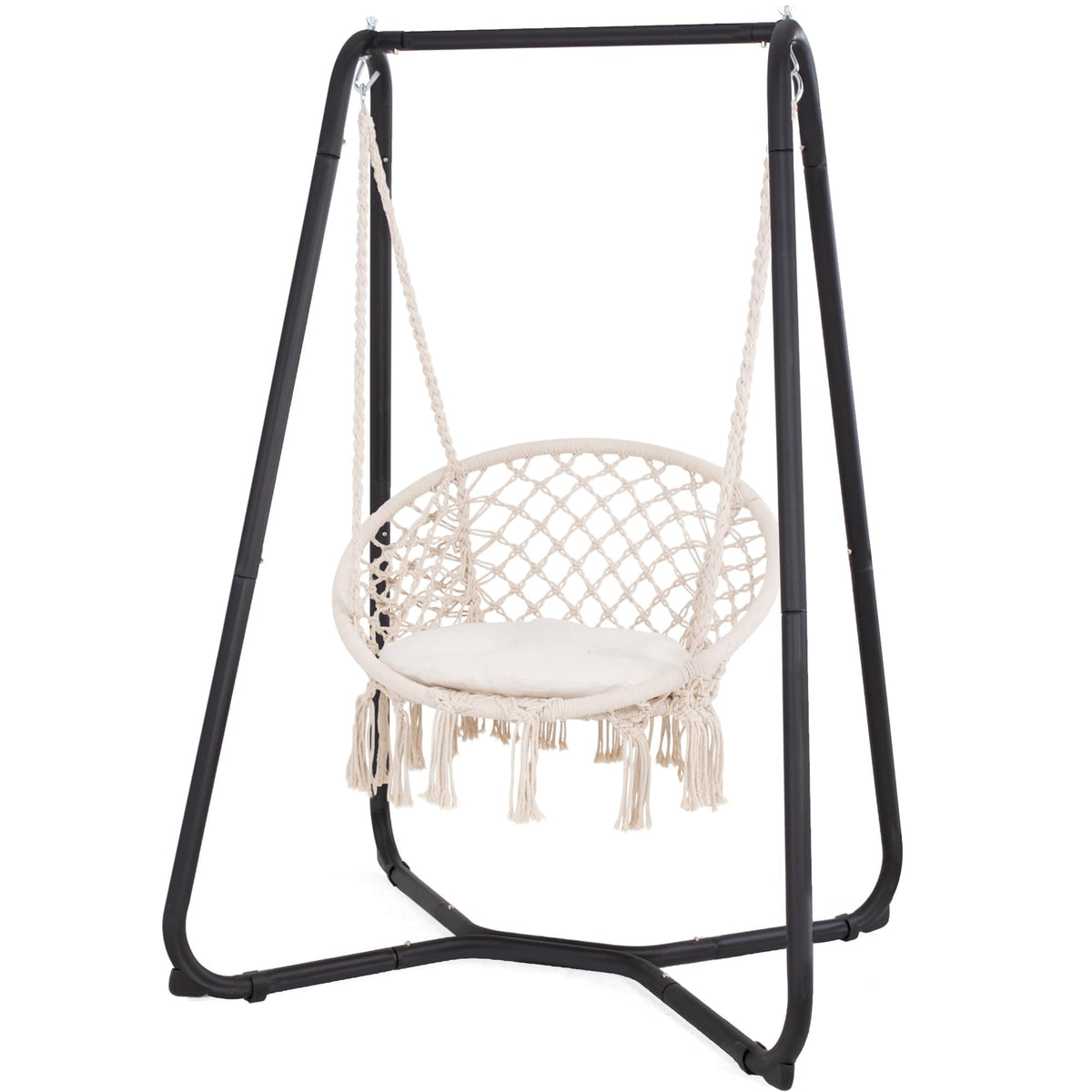 SUNCREAT Patio Swing Chair with Stand and Cushion, Heavy Duty Hanging Chair with Stand for Bedroom, 330 lbs Capacity, Patent Pending, Beige