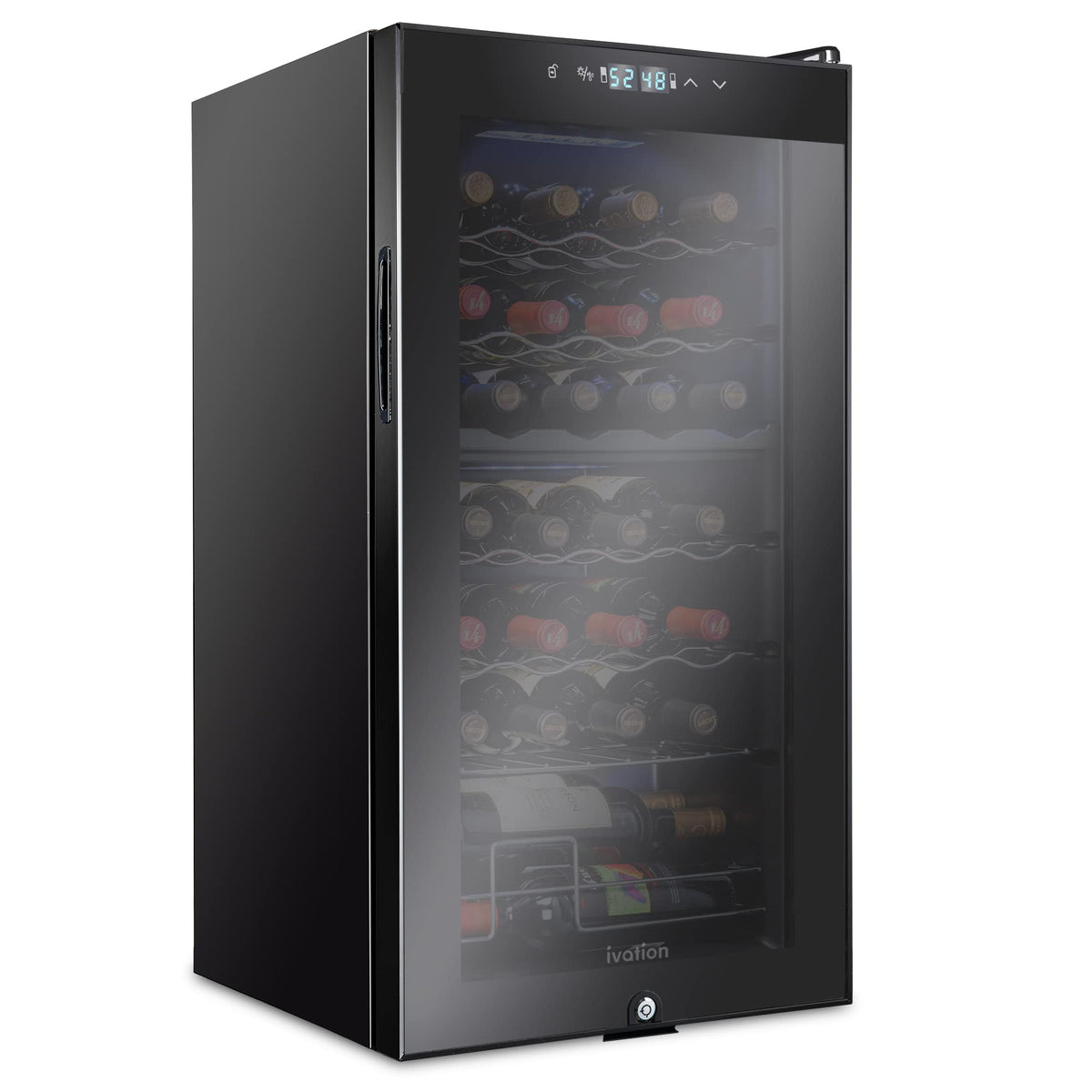 Ivation 28 Bottle Dual Zone Compressor Wine Cooler Refrigerator w/Lock | Large Freestanding Wine Cellar For Red, White, Champagne Wine | 41f-64f Digital Temperature Control Fridge Glass Door Black