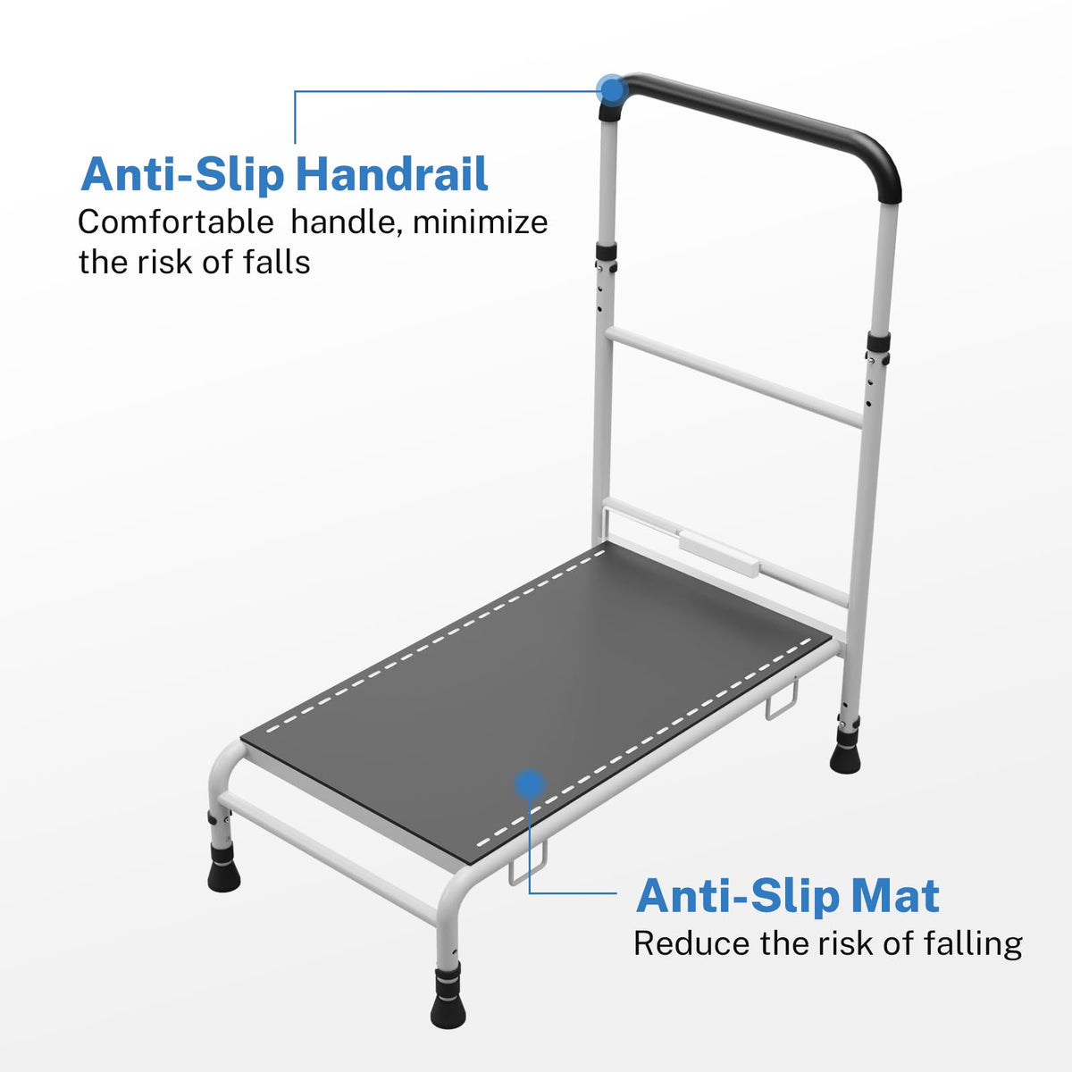 WISDEER Bedside Step Stool for Elderly - Adjustable Handle Motion Sensor LED Light Non-Slip Surface Heavy Duty Steel Supports Up to 400 lbs Ideal for Safe Bed Access, White