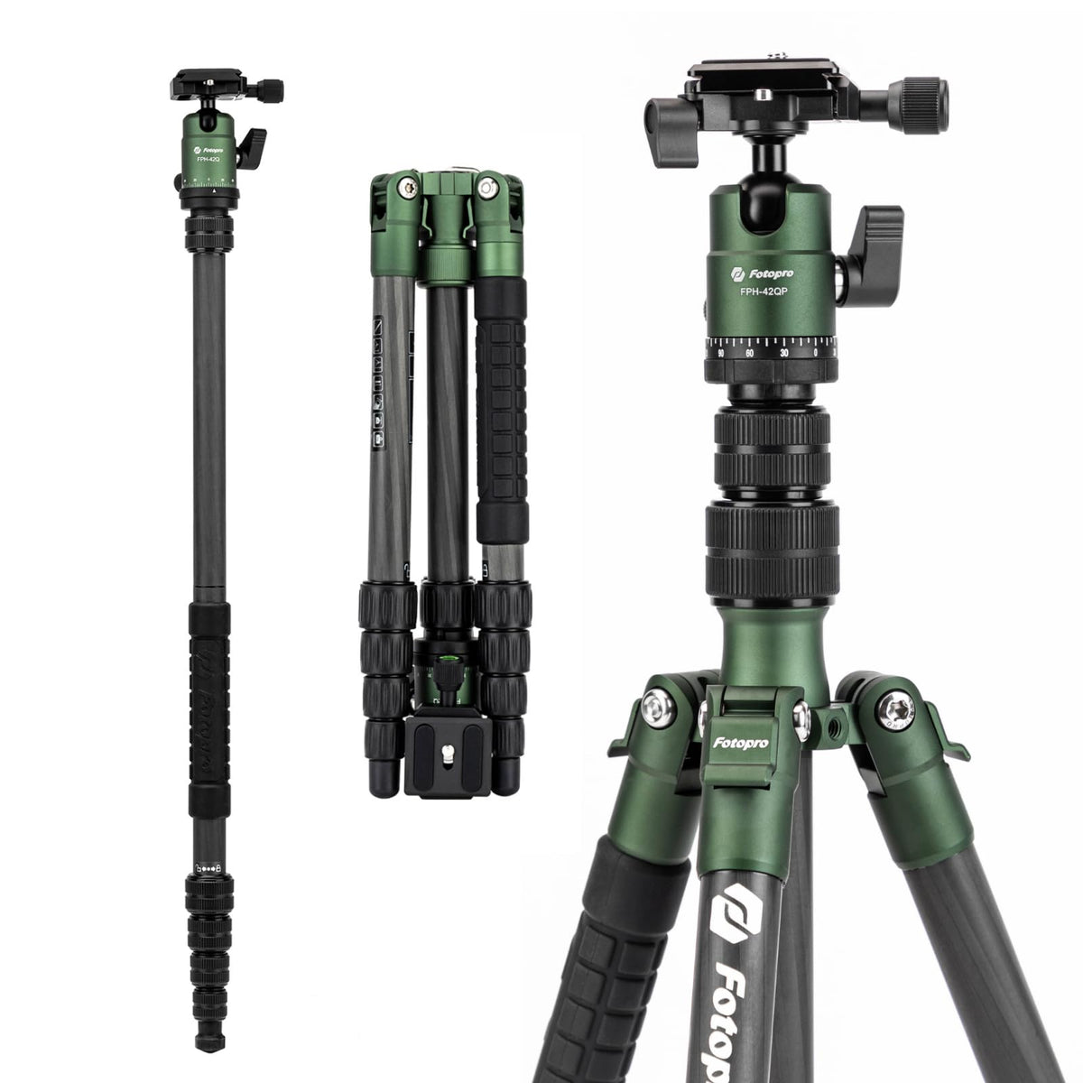 Fotopro 62" Carbon Fiber Travel Tripod, Lightweight Compact Camera Tripod with 360 Degree Ball Head, Detachable Monopod with Arca-Swiss QR Plate and Bag, Load up to 8KG/17.63lbs, Weighs only 2lb