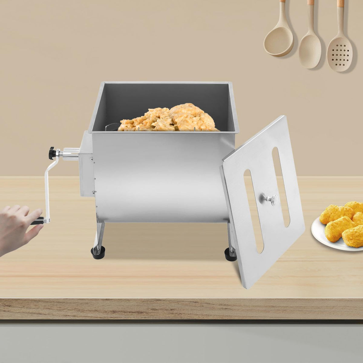 44 lbs Manual Meat Mixer, Stainless Steel Commercial Sausage Mixer Machine with Cover and Easy-Turn Crank for Home Kitchen, Restaurants Effortless Meat Mixing, Silver