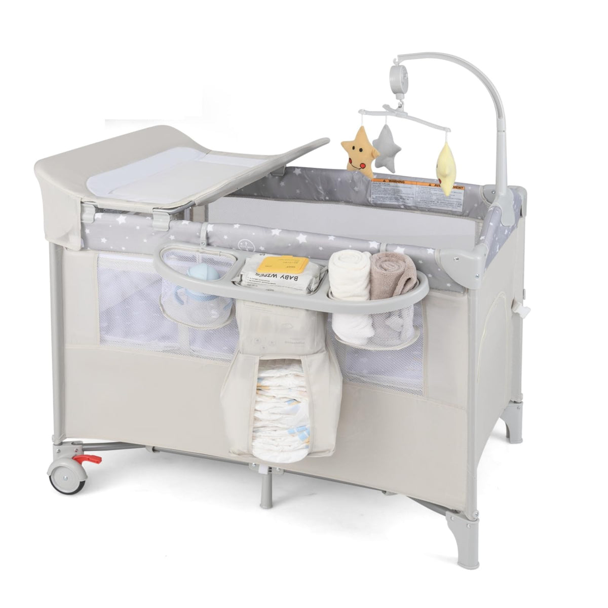 BABY JOY 5-in-1 Pack and Play, Portable Baby Bedside Sleeper with Bassinet, U-Shaped Diaper Changer, Safety Strap, Side Zipper Entrance, Hangings, Bedside Crib Playard from Newborn to Toddlers (Beige)