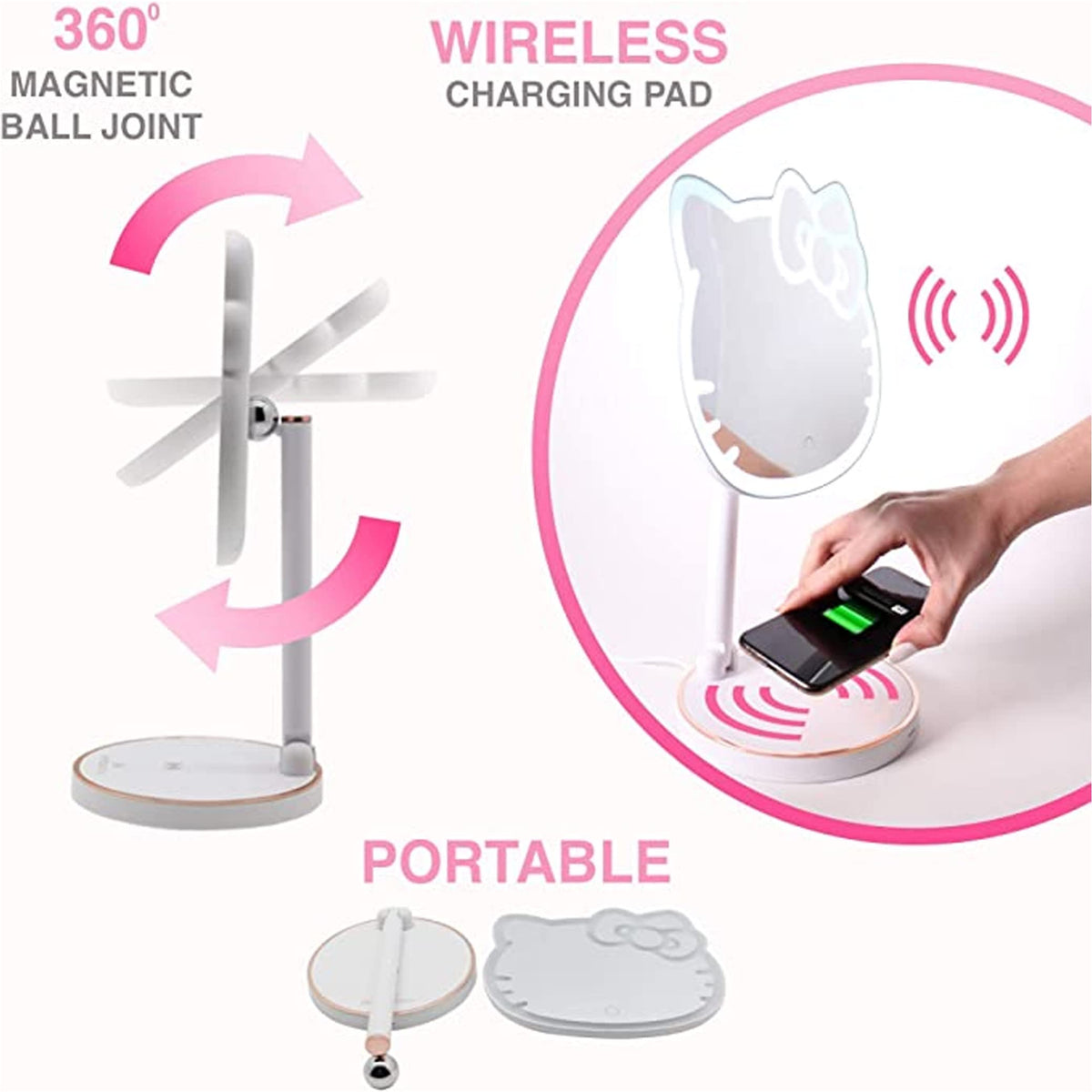 Impressions Vanity Hello Kitty Tabletop Mount LED Cordless Makeup Mirror with 360 Degree Rotation, Touch Sensor Desk Mirror with Light Strip and Adjustable Brightness
