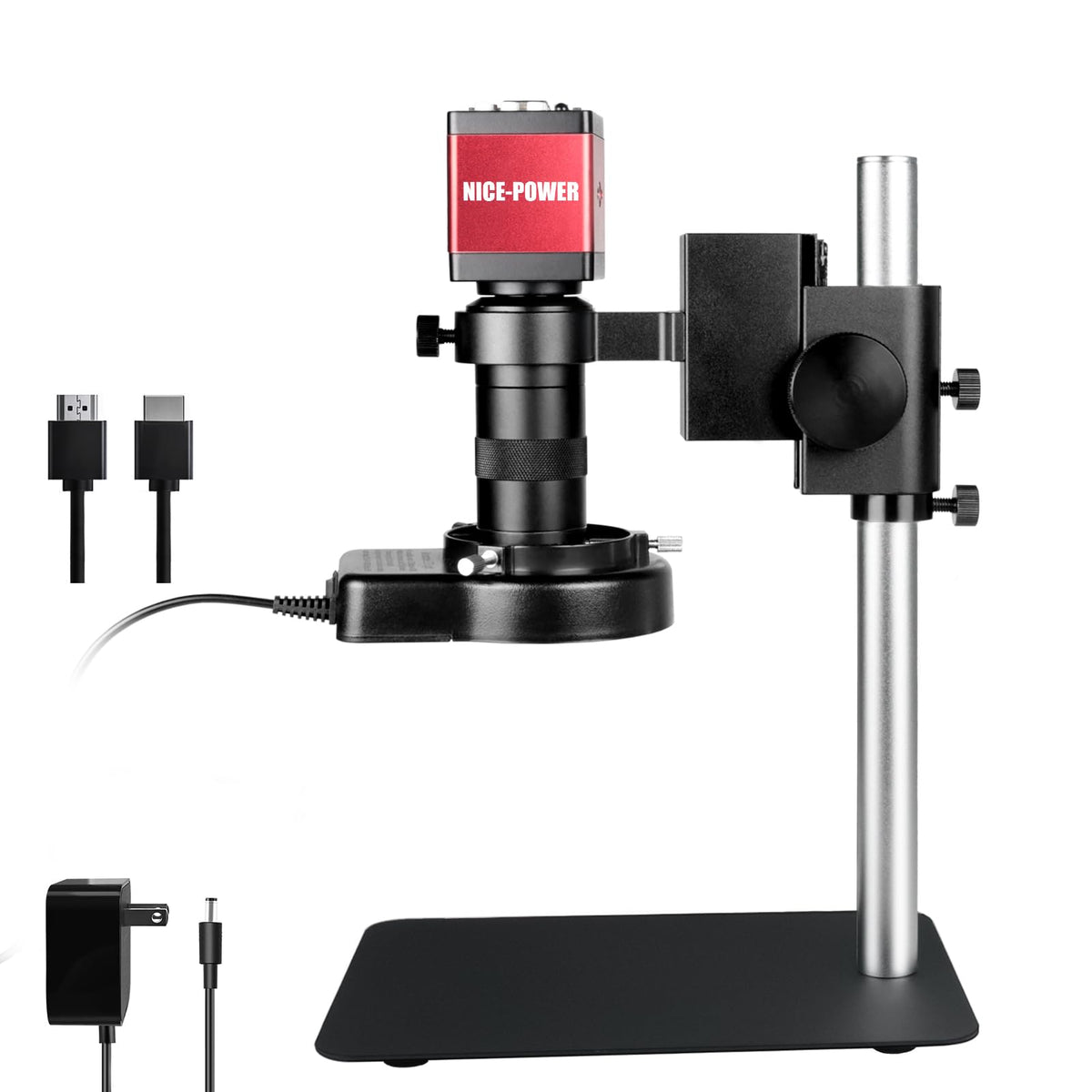 NICE-POWER Digital Microscope with Metal Base, 13MP 1080P HDMI VGA Industrial Microscope Magnifier, 130X Zoom C-Mount HD Lens, LED Ring Light, Soldering Electronic Repair Bench Microscopes