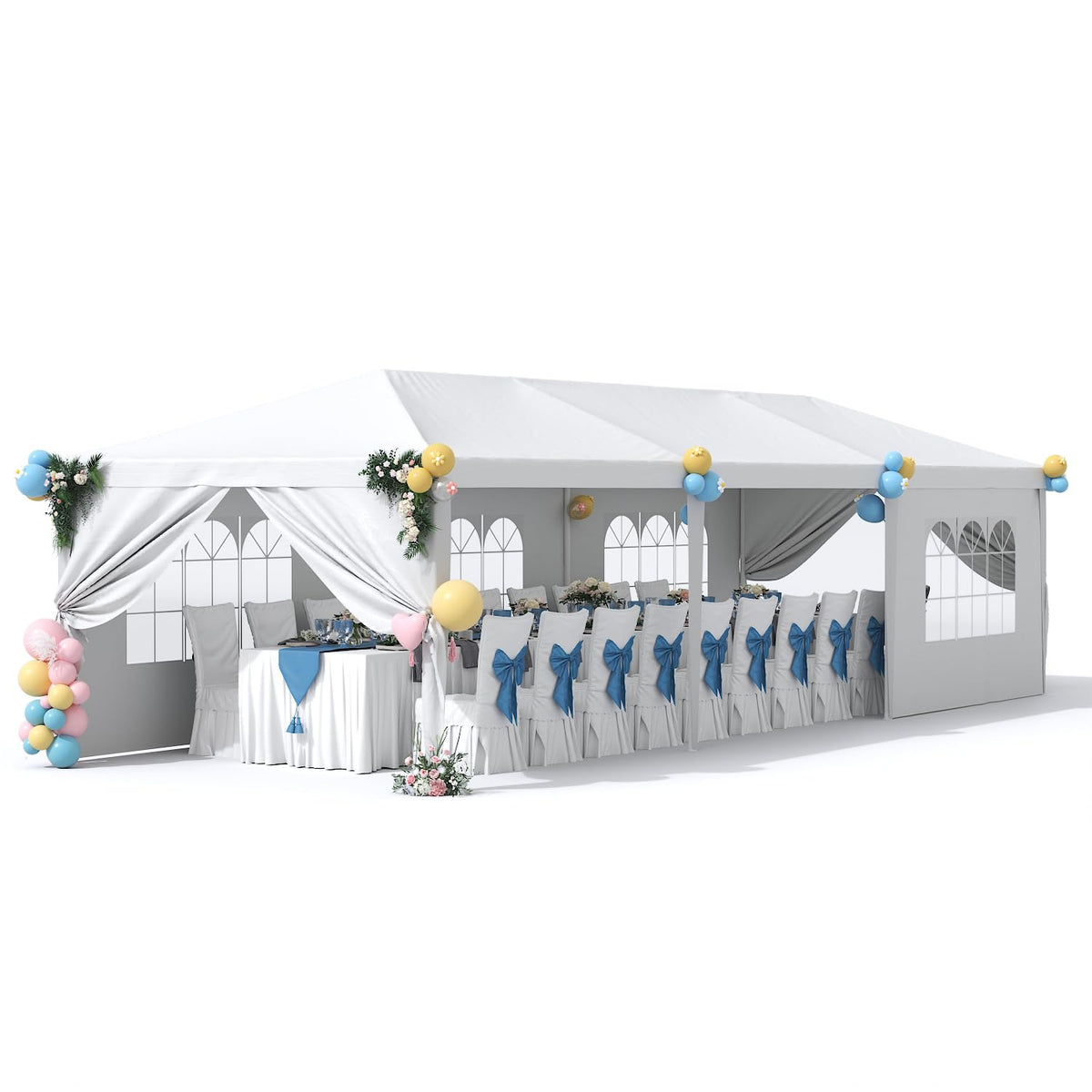 Greesum 10x30 Outdoor Canopy with 6 Side Removable Walls, Patio Camping Heavy Duty Gazebo Shelter for Party Wedding BBQ Events, Waterproof Tent, Snow-White