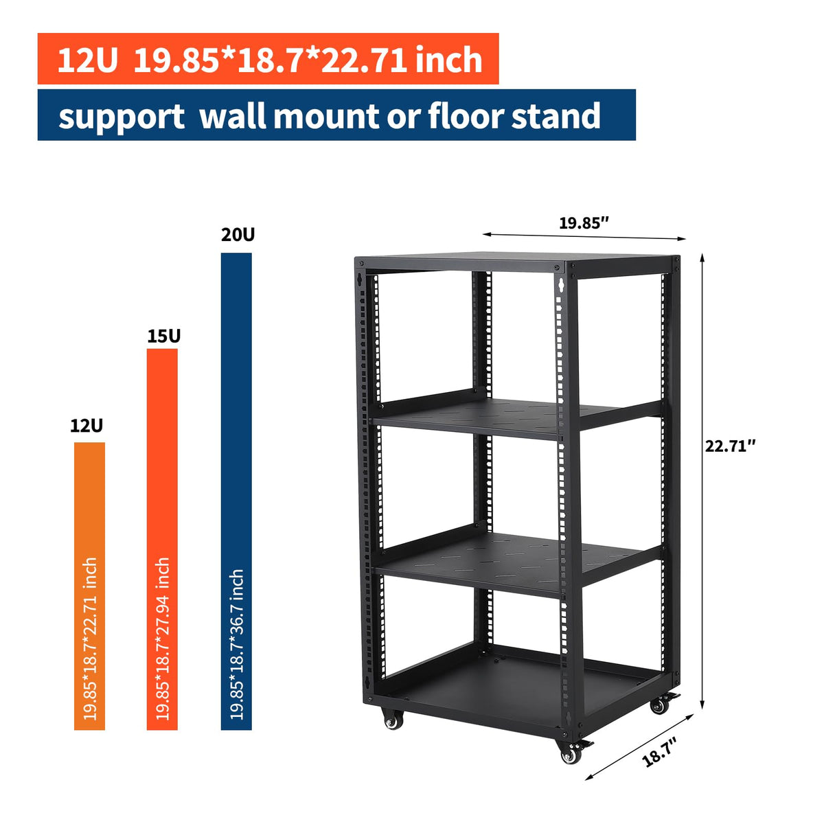 Garvee 20U Network Rack with Casters - Heavy Duty Open Frame Network/Server Rack for IT & AV Gear, Floor Standing or Wall Mounted IT Equipment Cabinet, with 2 PCS 1U Rack Shelves & Mounting